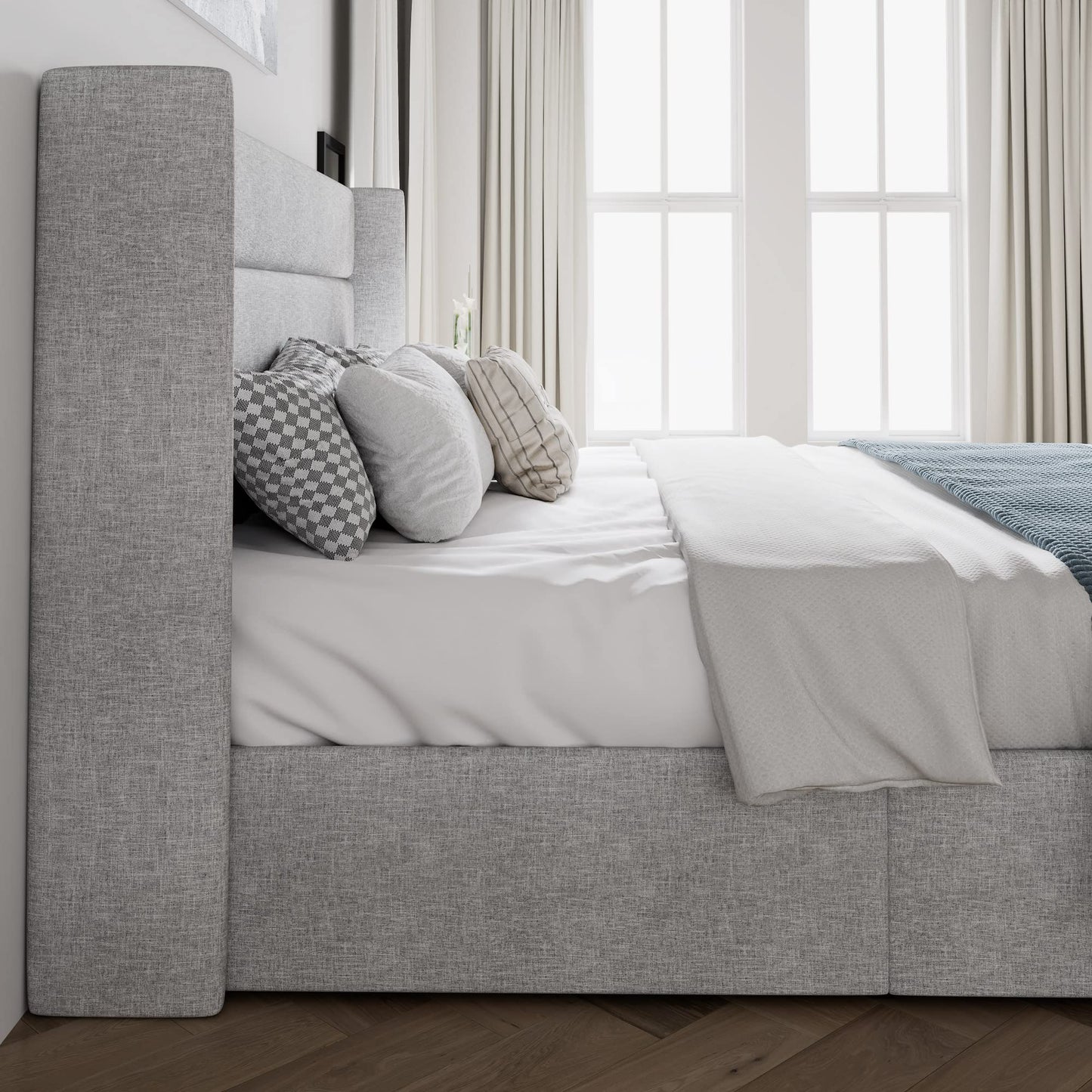 SHA CERLIN Queen Size Lift Up Storage Bed/Modern Wingback Headboard/Upholstered Platform Bed Frame/Hydraulic Storage/No Box Spring Needed/Wood Slats Support/Light Grey