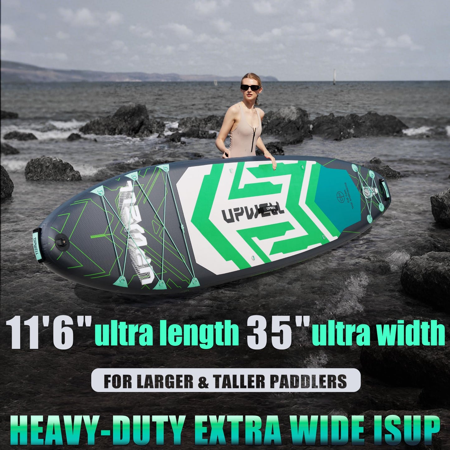 UPWELL 11'6"×35" Extra Wide Inflatable Paddle Board, Stand Up Paddle Board, Sup Paddle Boards for Adults, Chipmech Green