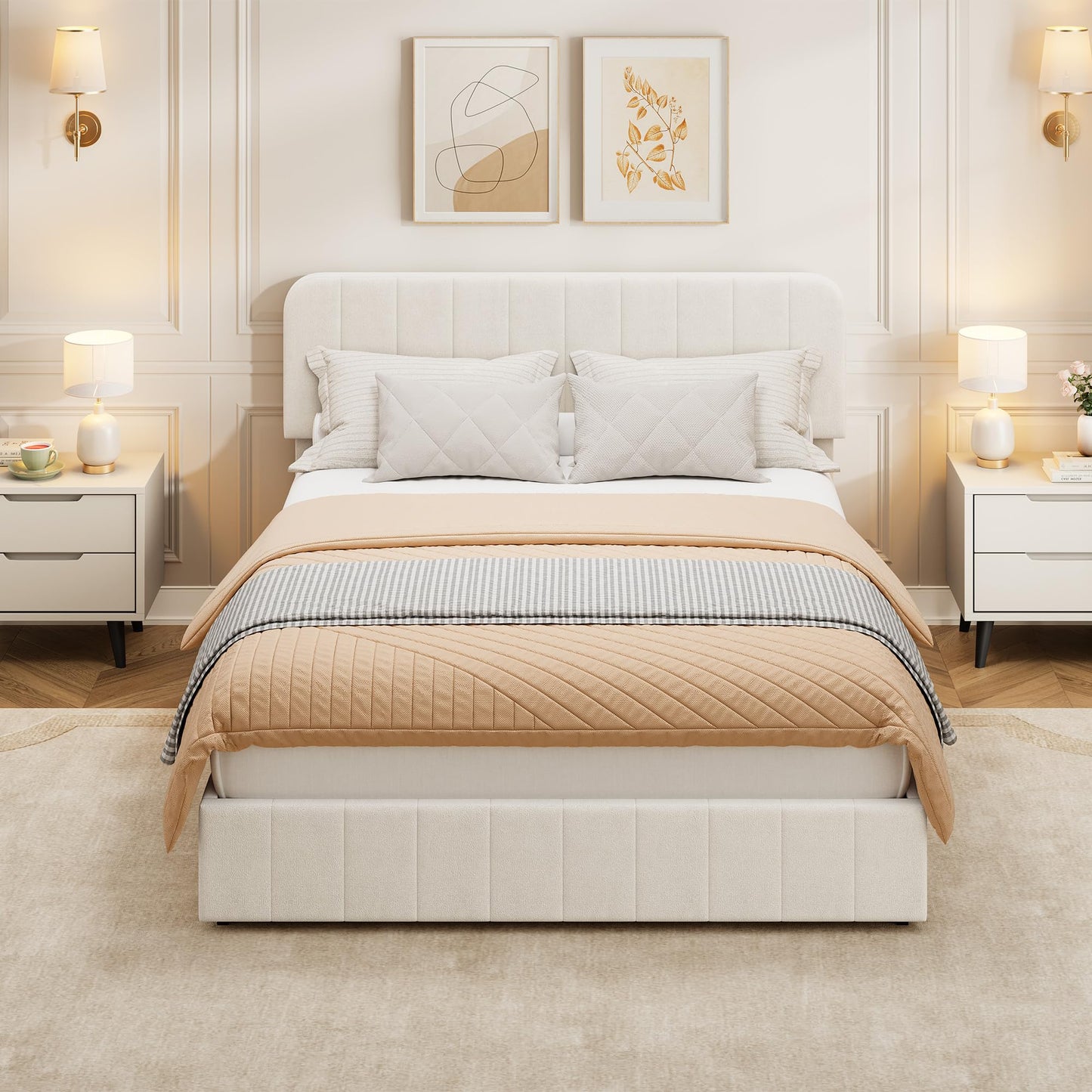 IDEALHOUSE Queen Size Velvet Bed Frame with 4 Storage Drawers, Upholstered Platform Bed with Vertical Channel Tufted Adjustable Headboard, No Box Spring Needed, Easy Assembly, Beige