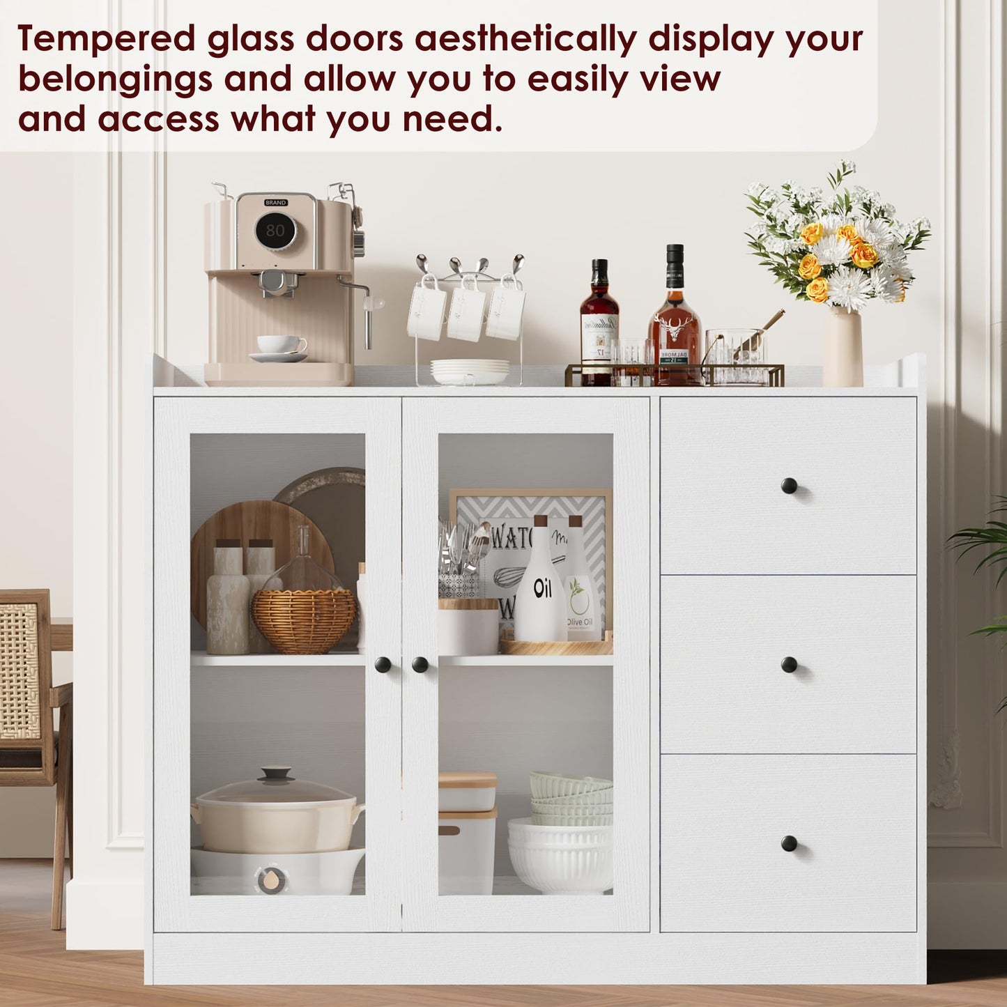 IDEALHOUSE Buffet Cabinet with Storage, 43" Modern Sideboard Kitchen Cabinet with Guardrail Design & Adjustable Shelves & 3 Drawers, Wood Buffet Table for Kitchen, Dining Room, White
