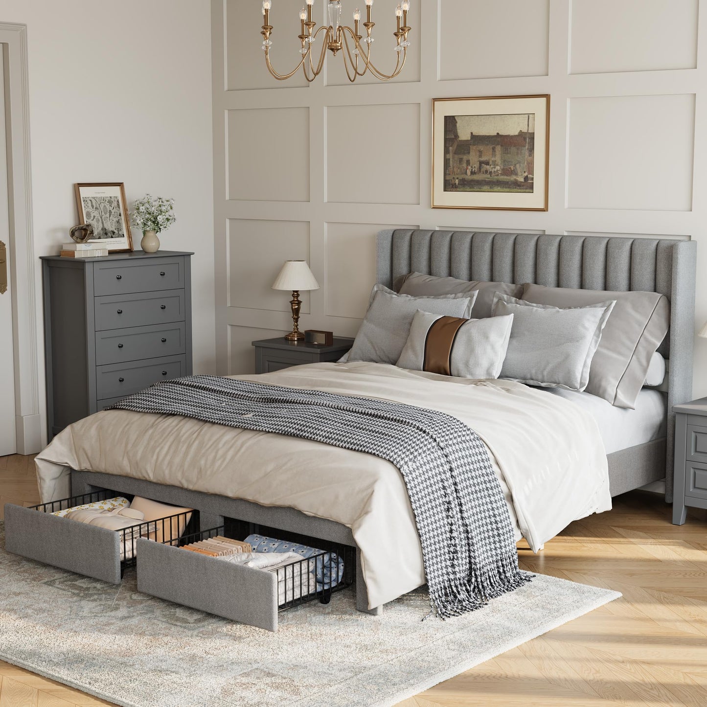 GarveeHome Queen Size Bed Frame, Bed Frame Upholstered Platform Bed with Velvet Headboard, Wing Edge Design, 2 Storage Drawers, No Box Spring Needed, Grey