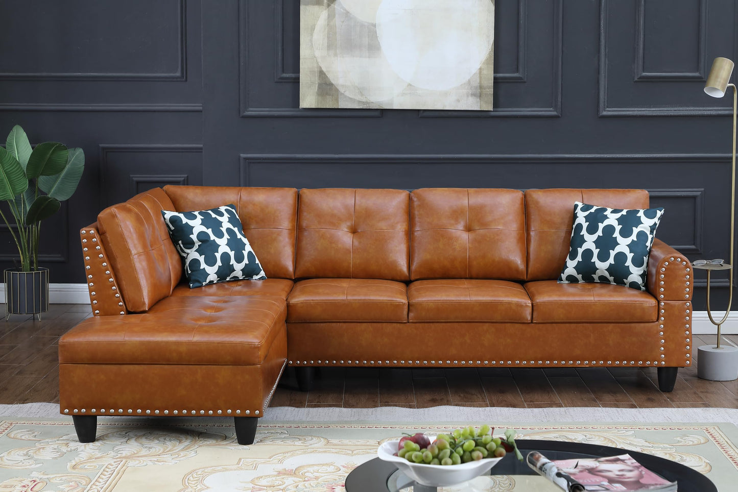 Ball & Cast 98" L Shaped Sectional Couch with Chaise, Faux Leather Upholstered Modular Sectional Sofa with 2 Pillows and Cup Holders,5 Seater Comfy Sofa,Nailhead Trim Design,for Living Room,Ginger