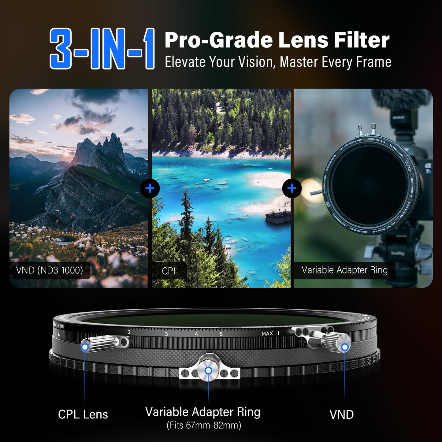 H&Y Filmmaker's Kit Revoring Mark II 67-82mm VND (ND3-1000) Neutral Density Filter & CPL Circular Polarizer + VND Converter + RevoSwift Magnetic Bridge Ring + Magnetic Matte Box + RevoRing Cap