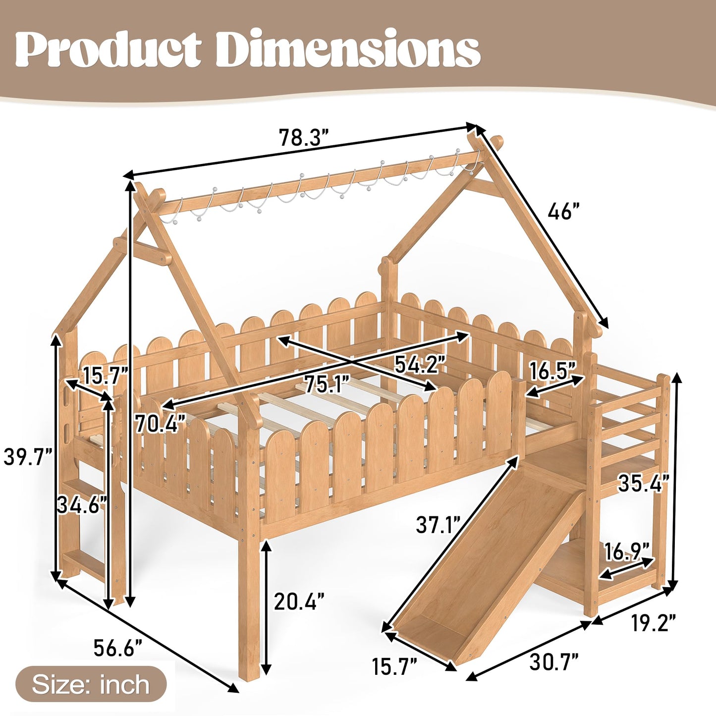 KEIKI Full Size Wooden House-Shaped Loft Bed Frame with Stairs & Ladders & Storage Shelves, for Girls and Boys, Low Loft Bed with Round Shape Guardrails & Slats, Easy Assembly, for Bedroom, Natural
