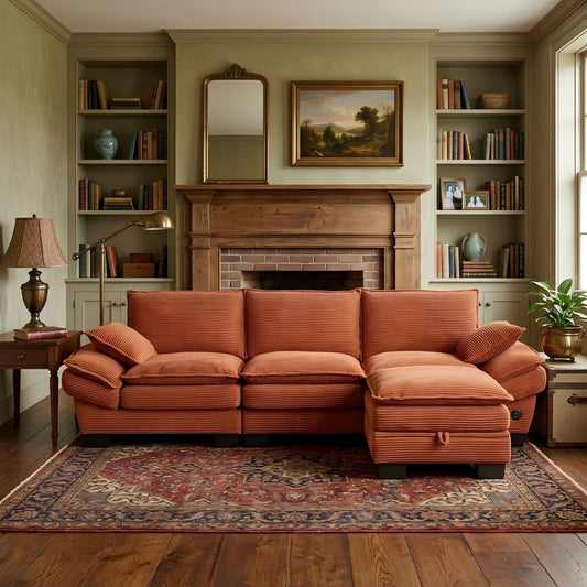 102" Oversized Cloud Modular Sectional Sofa with Movable Ottoman, Free Combination Convertible L Shaped Corner Couch Sets,Comfy Corduroy Upholstered Orange Sofa & Couch for Living Room