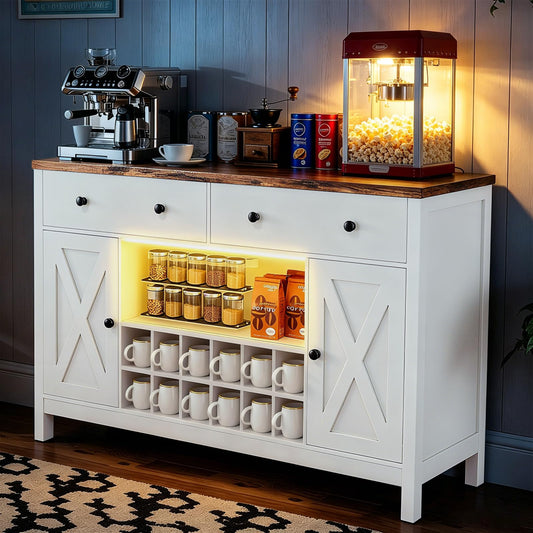 COMHOMA Coffee Bar Cabinet with LED Lights, 55.1 inch Wine Bar Cabinet with Charging Station, Sideboard Buffet Cabinet with Storage for Home Living Room (White)