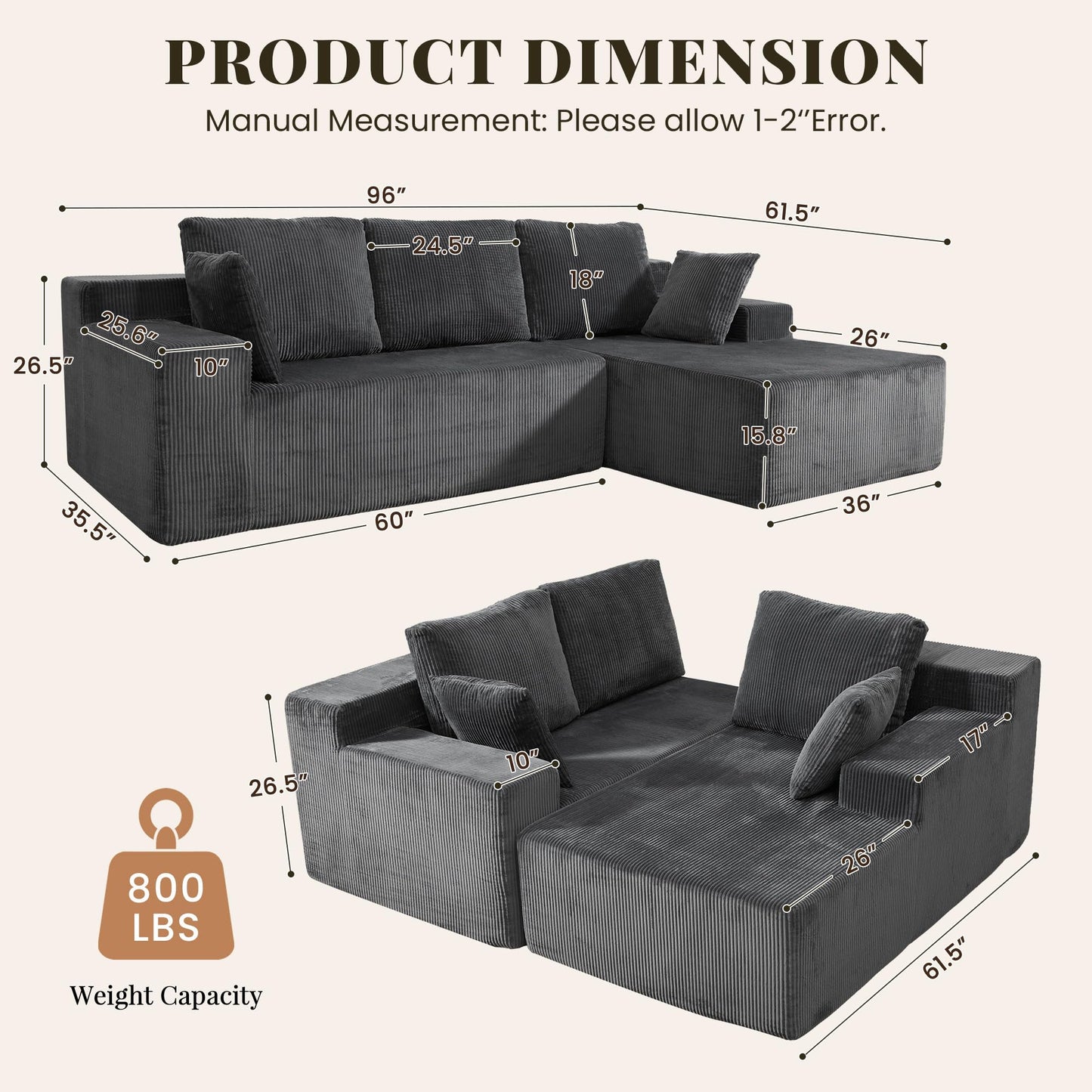 GRUSIGN Cloud Sectional Boneless Couches for Living Room, Modular L Shaped Couch with Deep Seat Oversized Right Facing Chaise, Memory Foam Compressed Spineless 3 Seater Sofa, Grey