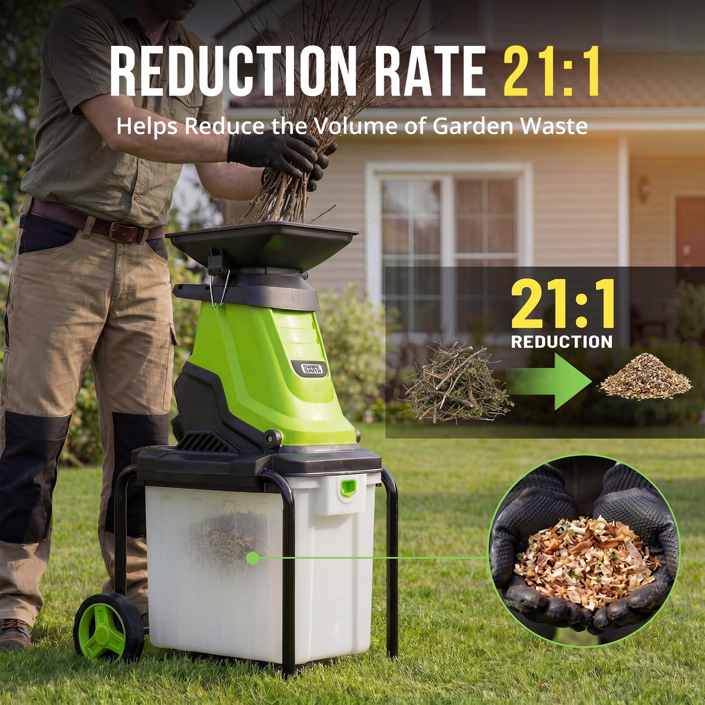 SWIPESMITH Wood Chipper, 15-Amp 1.8" Cutting Diameter Electric Wood Chipper & Shredder with 50L Collection Bag, Efficient Mulcher for Easy Clean up Ideal for Yard Waste and Branches