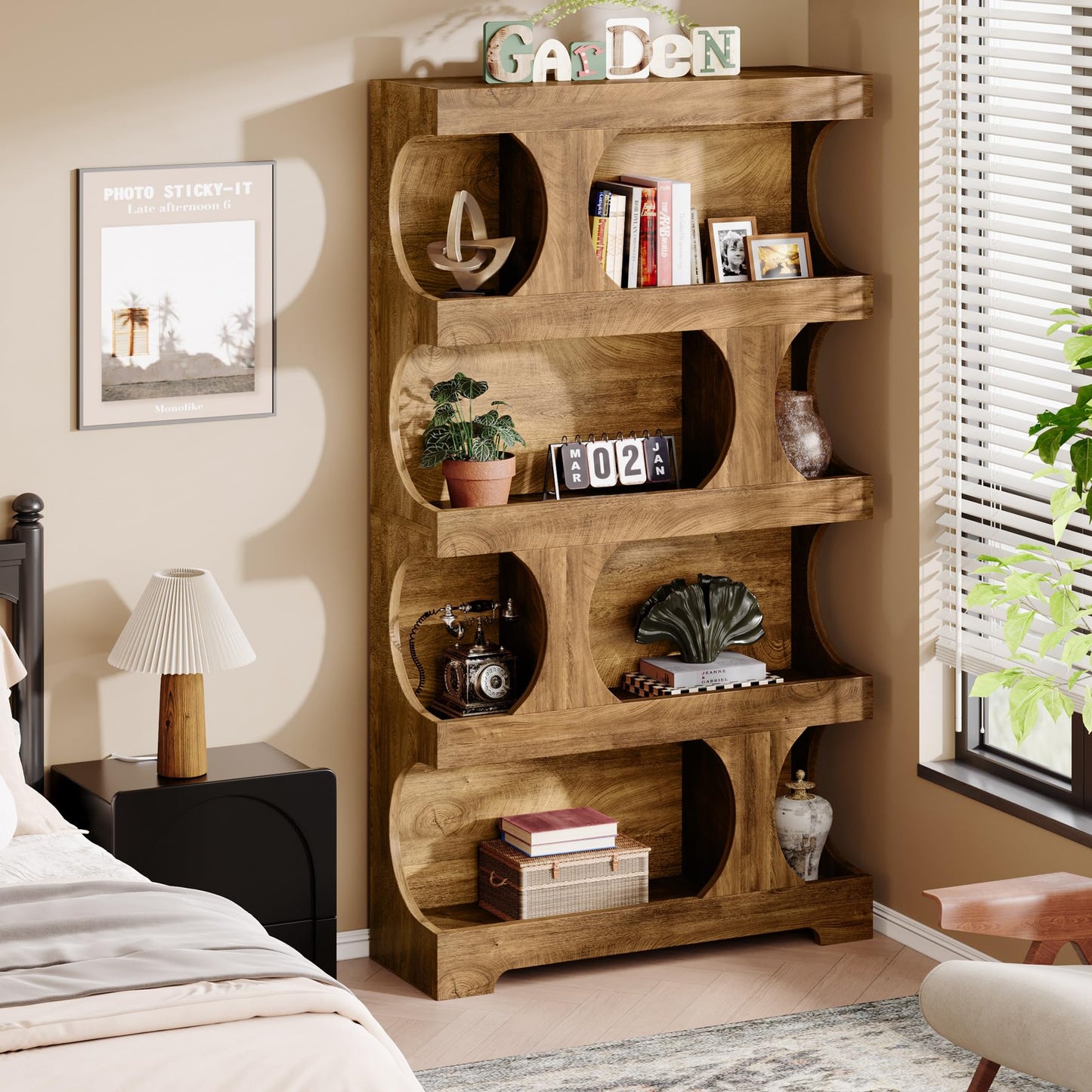 Tribesigns 71" Tall Bookcase, 4-Tier S-Shaped Bookshelf, Wood Decorative Storage Shelving, Modern Freestanding Display Shelves, Large Library Book Shelf Unit for Home Office Living Room Bedroom, Brown