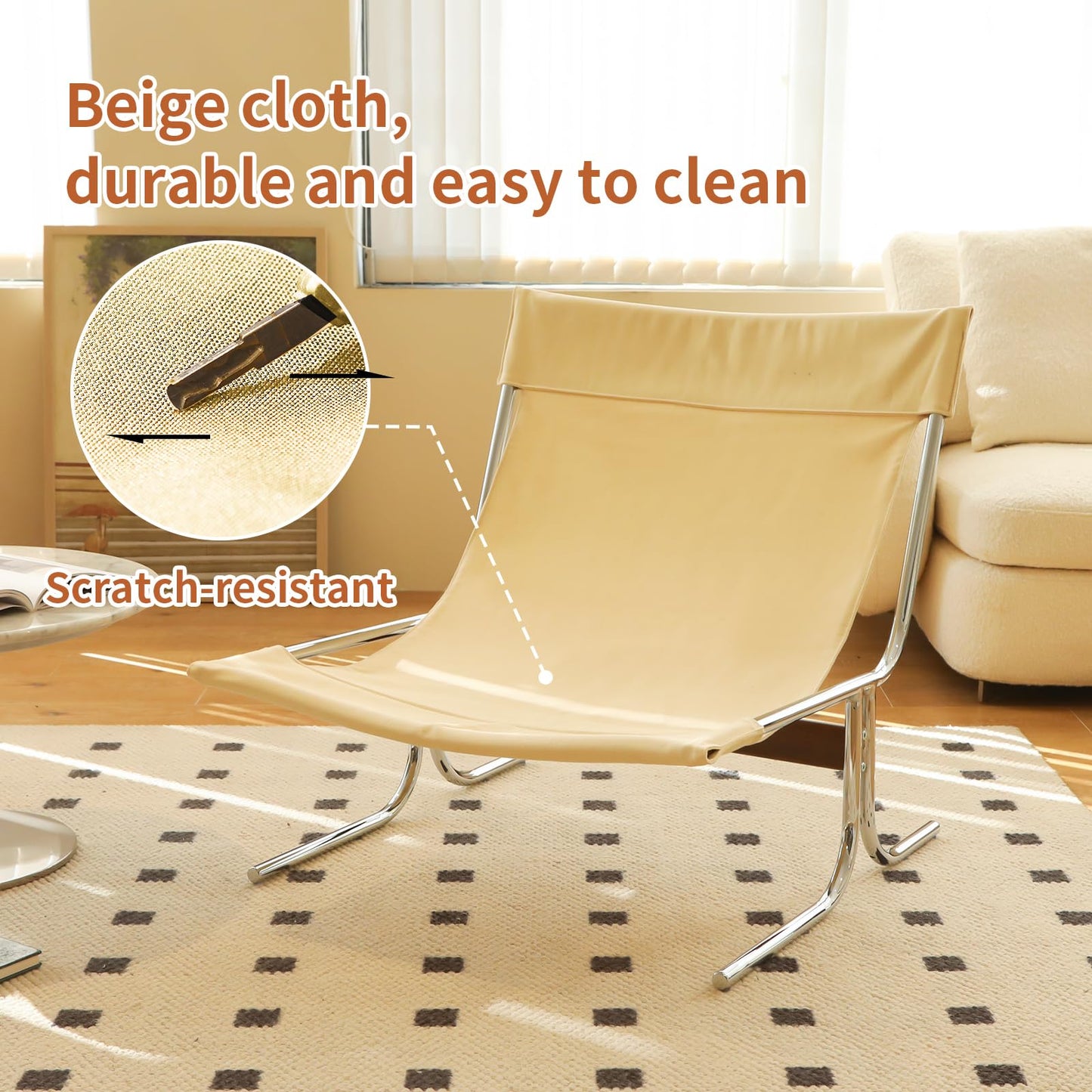 Modern Accent Chair Upholstered Lounge Chair with Chrome Metal Frame Oversized Comfy Armchair for Living Room Bedroom Home Office Reading Nook Wide Seat Sofa Chairs with Cushion Support, Cream