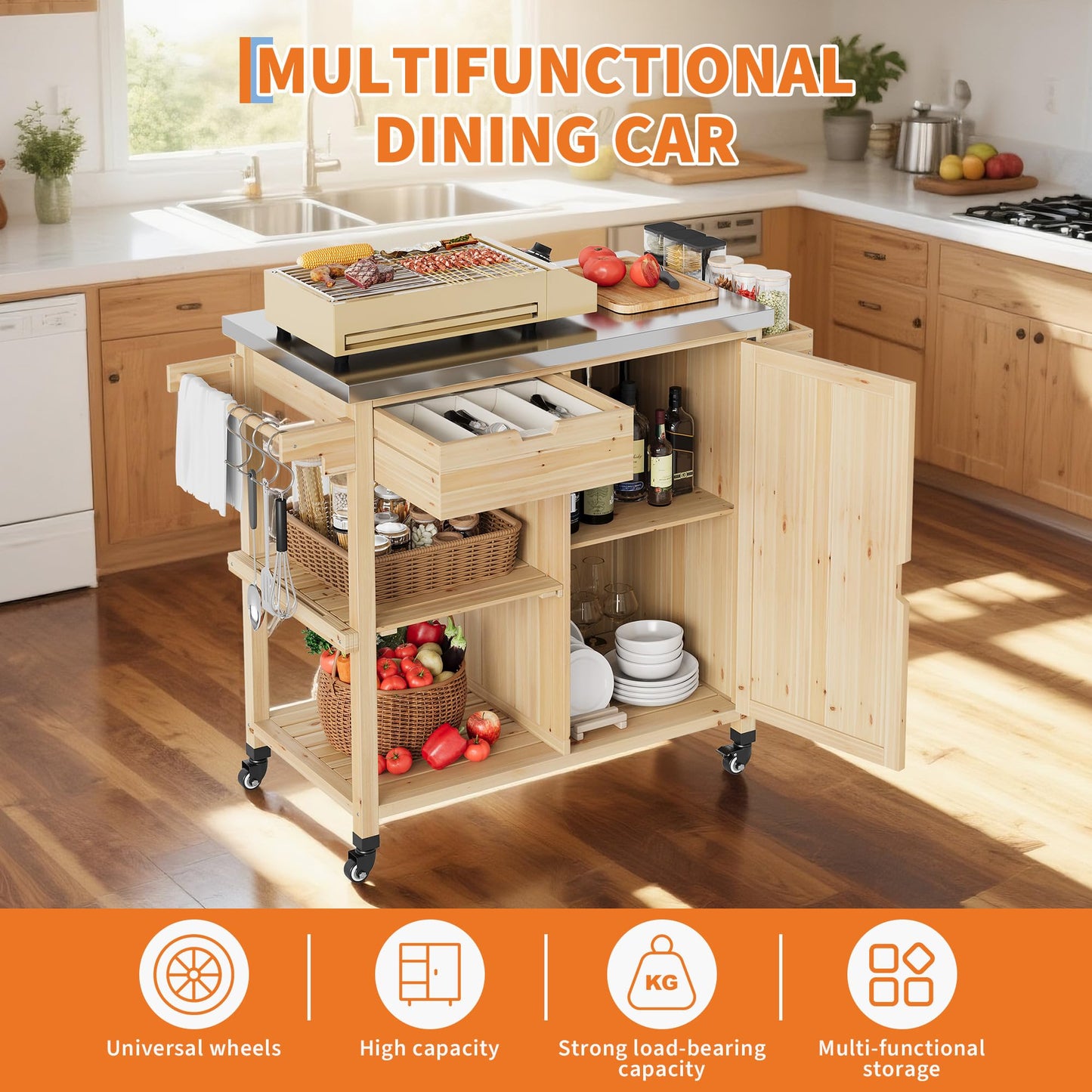 Outdoor Grill Cart with Wheels & Storage Cabinet – Movable Stainless Steel BBQ Prep Table, Portable Kitchen Island for Grilling, Backyard, Patio, Camping – Heavy Duty Dining Cart for Food Prep