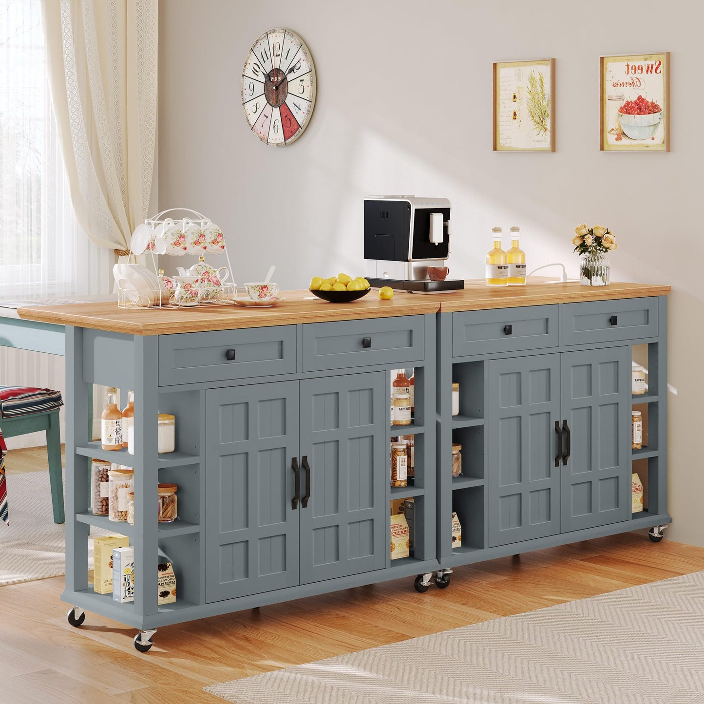 YITAHOME Kitchen Island with Drop Leaf & Power Outlet, Rolling Kitchen Cart on Wheels, Americana Kitchen Island Cabinet with Open Shelves for Kitchen Dining Room, Thicker Rubberwood Top, Grey Blue