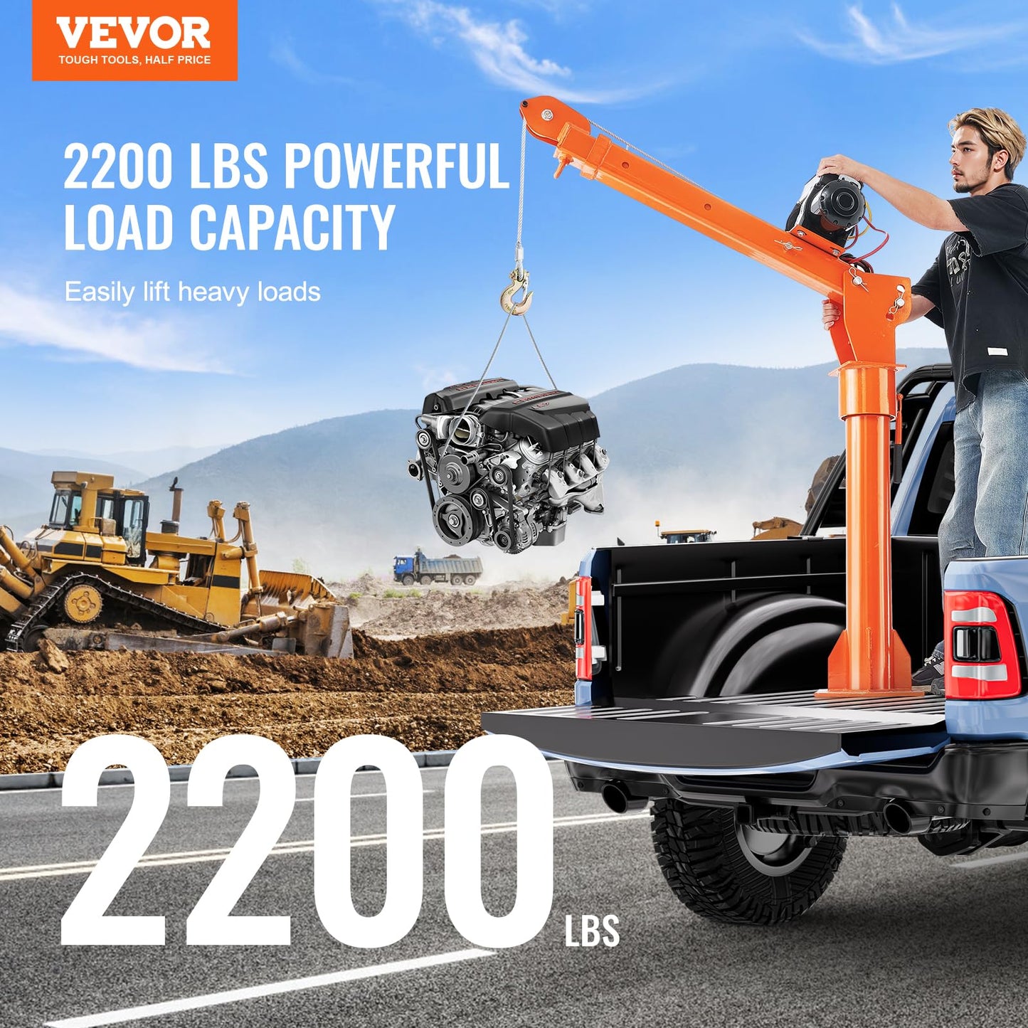 VEVOR 2200 lbs Electric Pickup Truck Crane with Electric Winch 6000 lbs 12V, Folding Truck-Mounted Bed Crane, Steel Pickup Truck Jib Crane Hoist 360° Swivel for Lifting Goods in Construction, Factory
