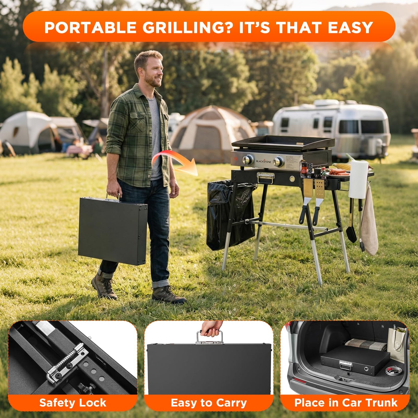 Outdoor Folding Grill Table, Adjustable Blackstone Griddle Stand, Fit 17” 22” Blackstone & Ninja Grills, Portable Camping Table for Outdoor BBQ & Tailgating