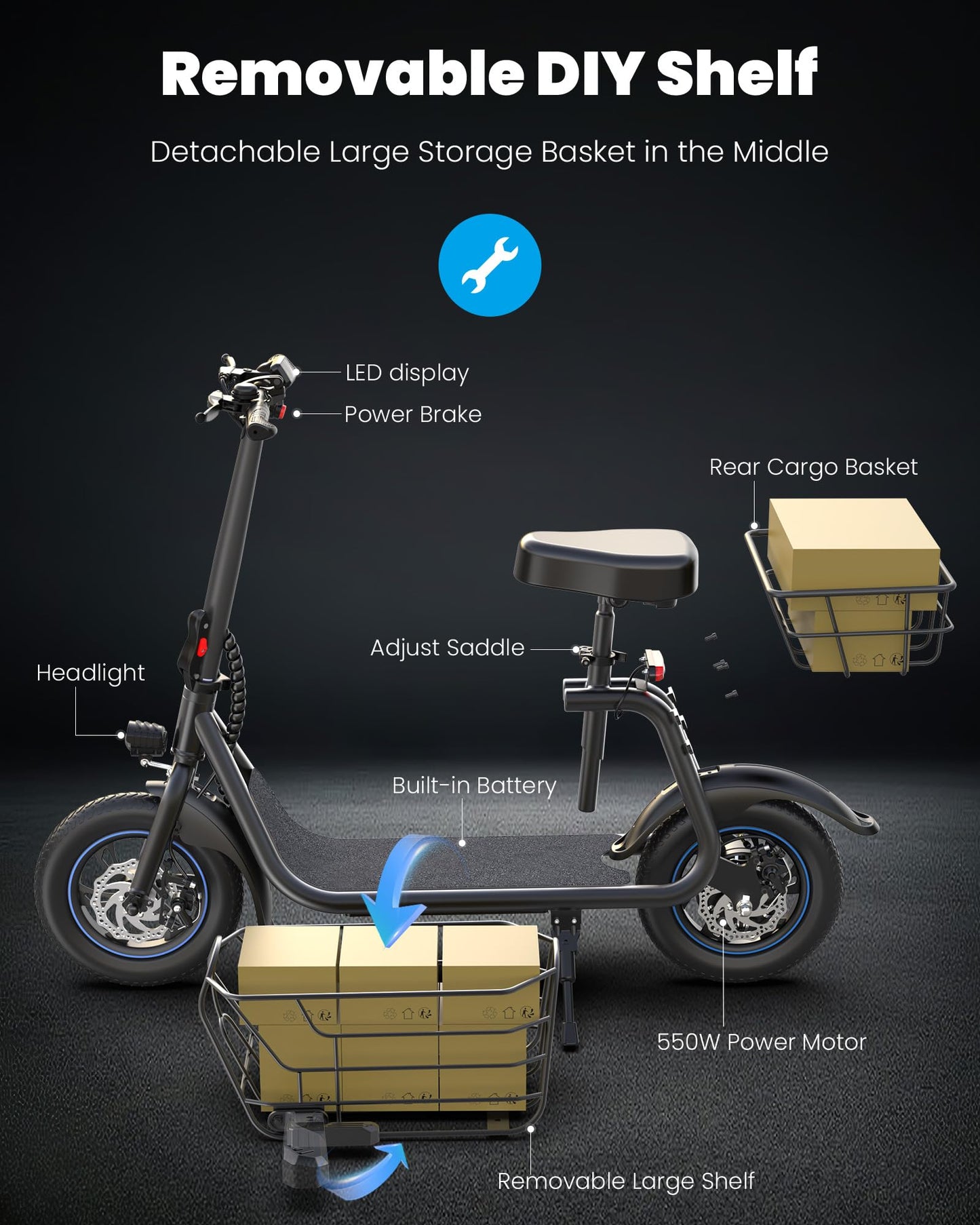 Gyroshoes Electric Scooter with Seat for Adults, 550W Powerful Motor 20miles Distance Max 18.6MPH Speed Spacious Storage Space LED Display, C1S