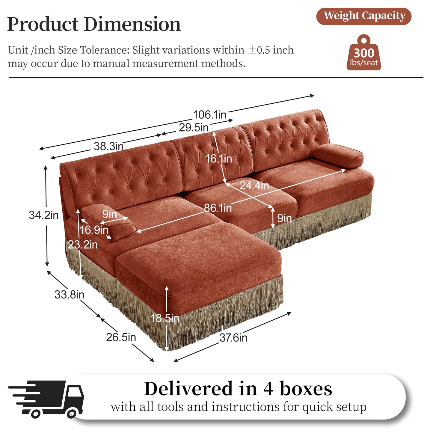 KEIKI 106" L-Shaped Velvet Chesterfield Style Modular Sectional Sofa, Oversized Button Tufted 3-Seater Couch with 1 Ottoman & Floor-grazing Tassel Fringe Skirt, Easy Assembly, for Living Room, Brown
