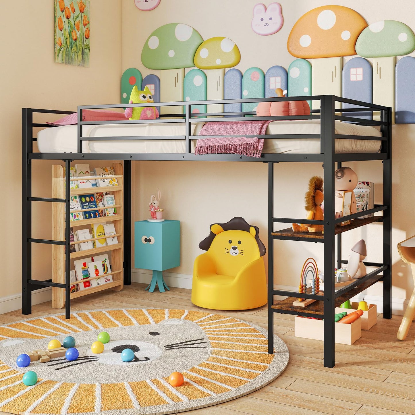 Giantex Low Loft Bed Twin Size, Heavy Duty Metal Frame w/Storage Shelves, Ladder & Full-Length Guardrails, Ample Under-Bed Space, Kids Loft Bed with Stairs for Boys Girls Junior, No Box Spring Needed