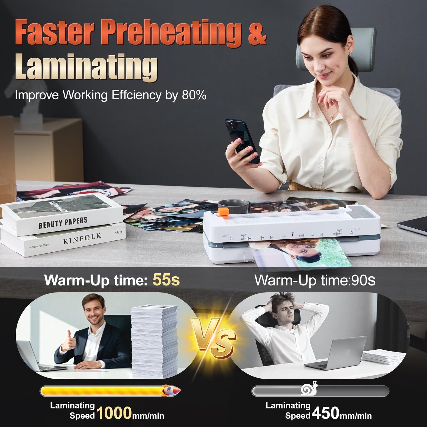 13" Heavy-Duty 4-Roller Laminator Machine, Fast 55s Warm-Up, 3-10 Mil A3/11x17 Laminating Machine, 1000mm/min Speed, Auto-Reverse Jam Prevention, Includes 30-Sheets for Office & School(White)
