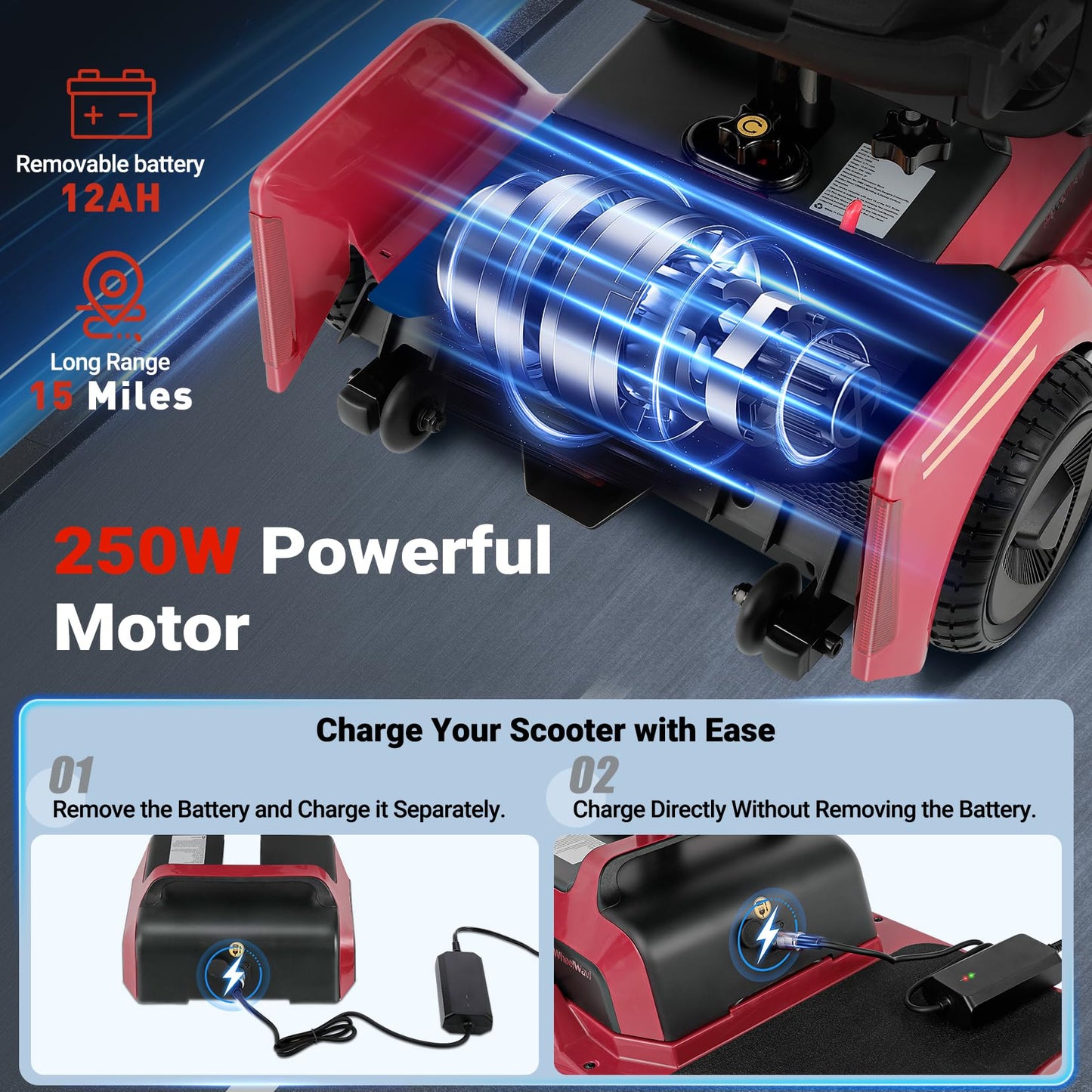 2026 New 4-Wheel Foldable Electric Mobility Scooter, Heavy Duty Portable Travel Scooter with NFC Keyless Unlock, 15 Miles Long Range, Removable Battery, Digital Display, 300 Lbs Weight Capacity, Red