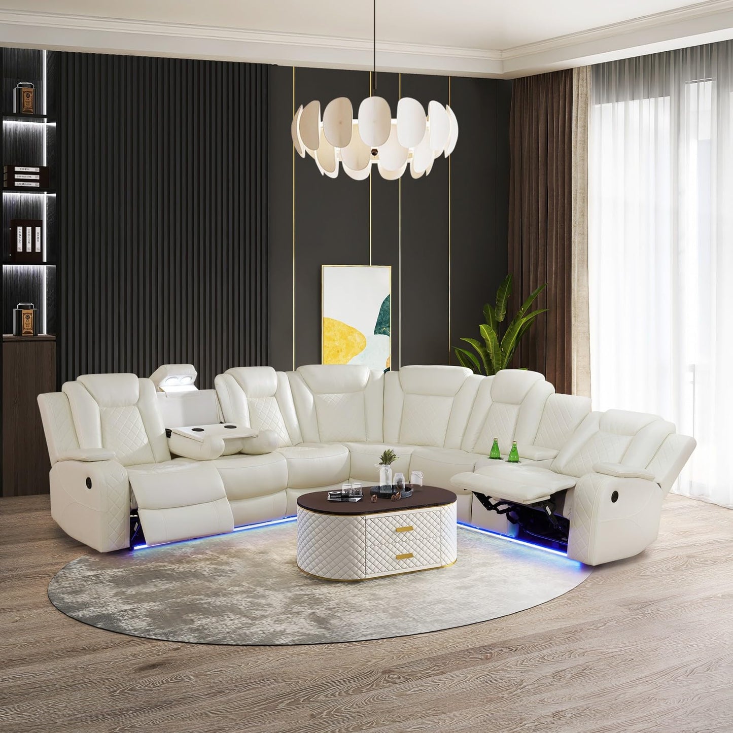 Reclining Sectional, Power Sectional Couch, Leather Sofa Set for Living Room, Comfy Home Theater Seating with USB 2.0 Charging Ports, LED Light Strips, Fold-Down Table & Cupholders (White, 3-Piece)