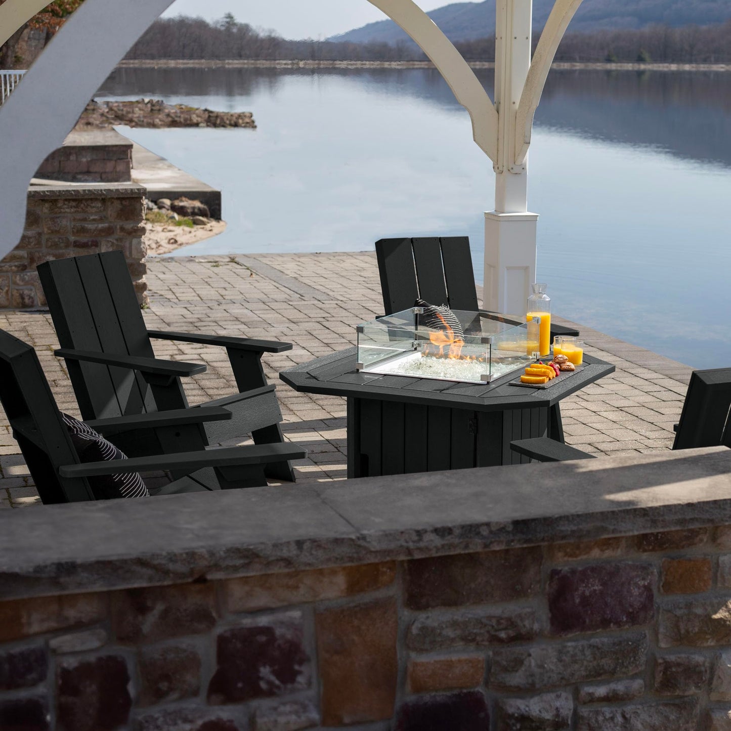 Oasis 5-Piece Conversation Set with Fire Pit Table, 4 Italica Modern Adirondack Chairs and 40” Fire Pit Table with Glass Wind Guard and Rain Cover, Black