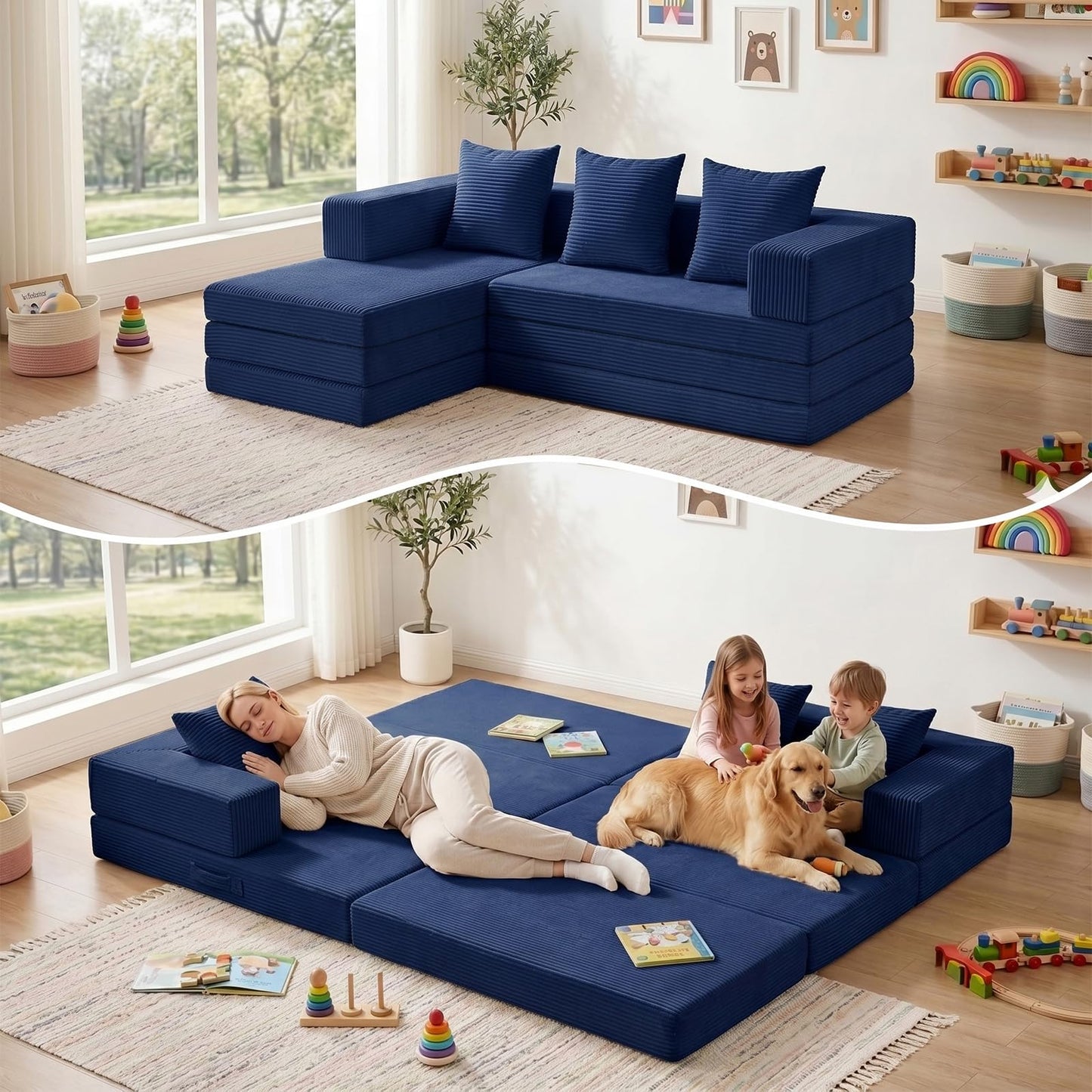 65" Modular Sectional Sofa, Boneless Convertible Sleeper Sofa Bed, Modern Tri-Folding Cloud Couch with L-Shape Chaise, Corduroy Futon Couches for Living Room Small Spaces Apartment,No Assembly,Blue