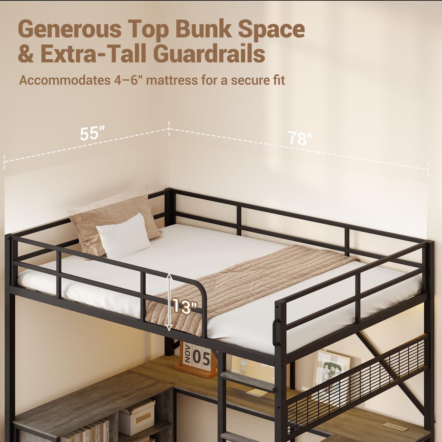 Garvee Loft Bed Full Size with u-Shaped Desk, 6 Storage Cubbies, Power Outlet, Bed Frame with LED & PC Stand, Heavy Duty Metal Bed Frame with Widened Ladder Feet for Apartment, Bedroom, Small Space