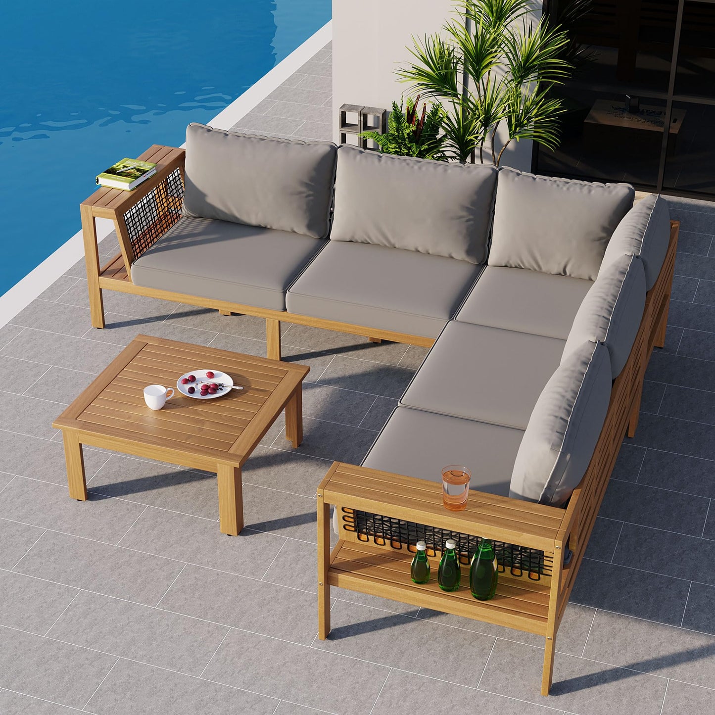 Merax 4 Pieces Patio Furniture Set, Outdoor L-Shaped Sectional Sofa Set with Coffee Table, Acacia Wood Conversation Seating & Thick Cushions and Side Table, for Backyard, Garden and Poolside, Grey