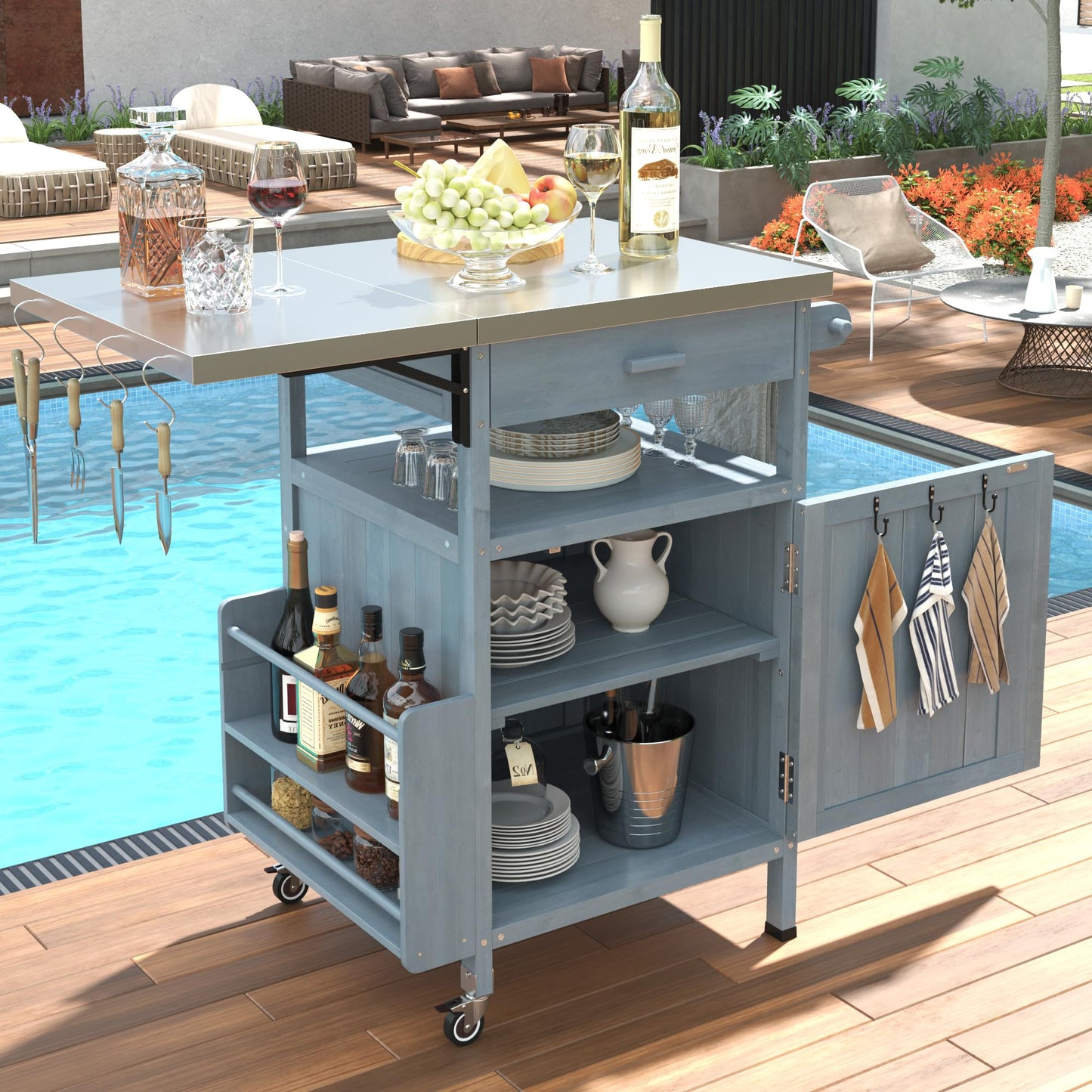 Merax Outdoor Grill Cart with Storage, Patio Kitchen Island Outdoor Grill Table with Lockable Wheels, BBQ Cart Movable Pizza Oven Table Stand with Foldable Tabletop, Blue+Grey