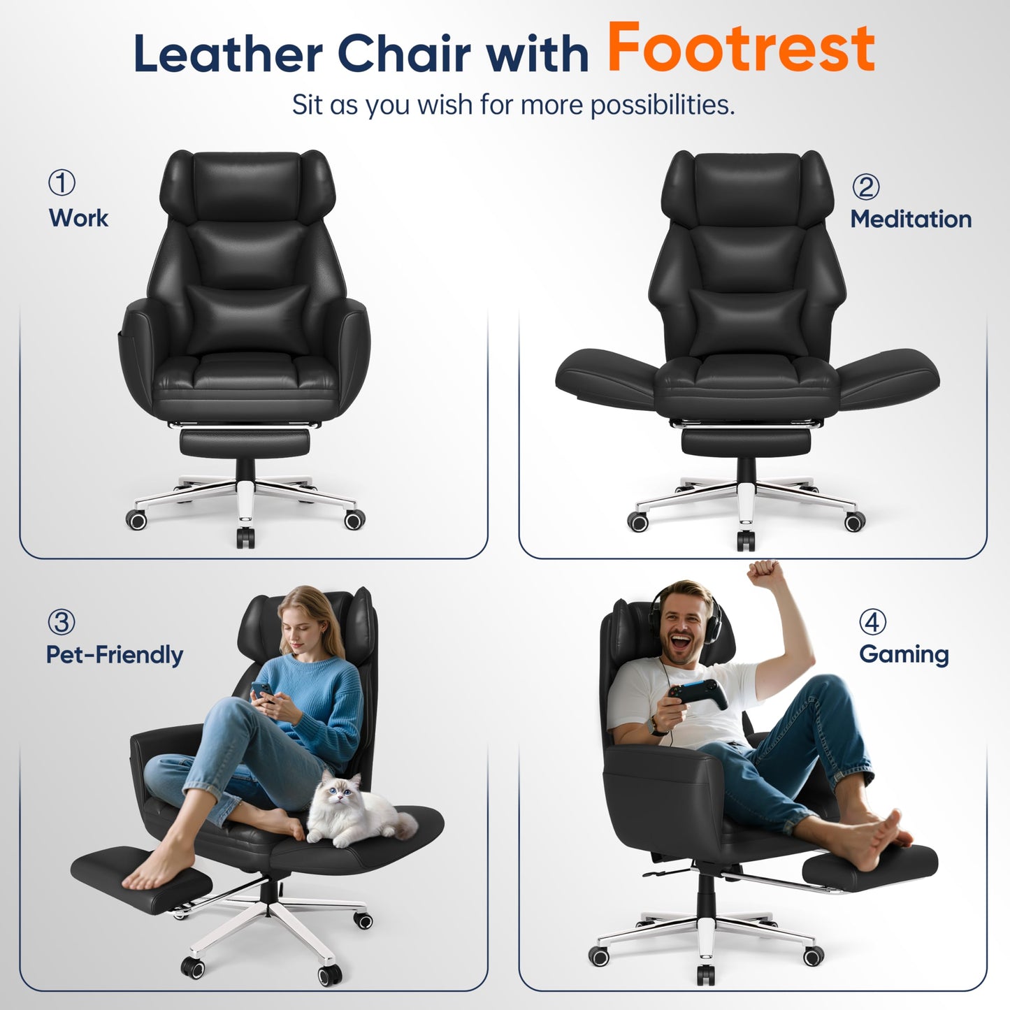 GABRYLLY Criss Cross Chair with Footrest, Big and Tall Office Chair - Wide Seat, Reversible Armrests, 120°Tilt, 400LBS Heavy-Duty Executive Leather Chair for Working, Gaming & Meditation, Grey