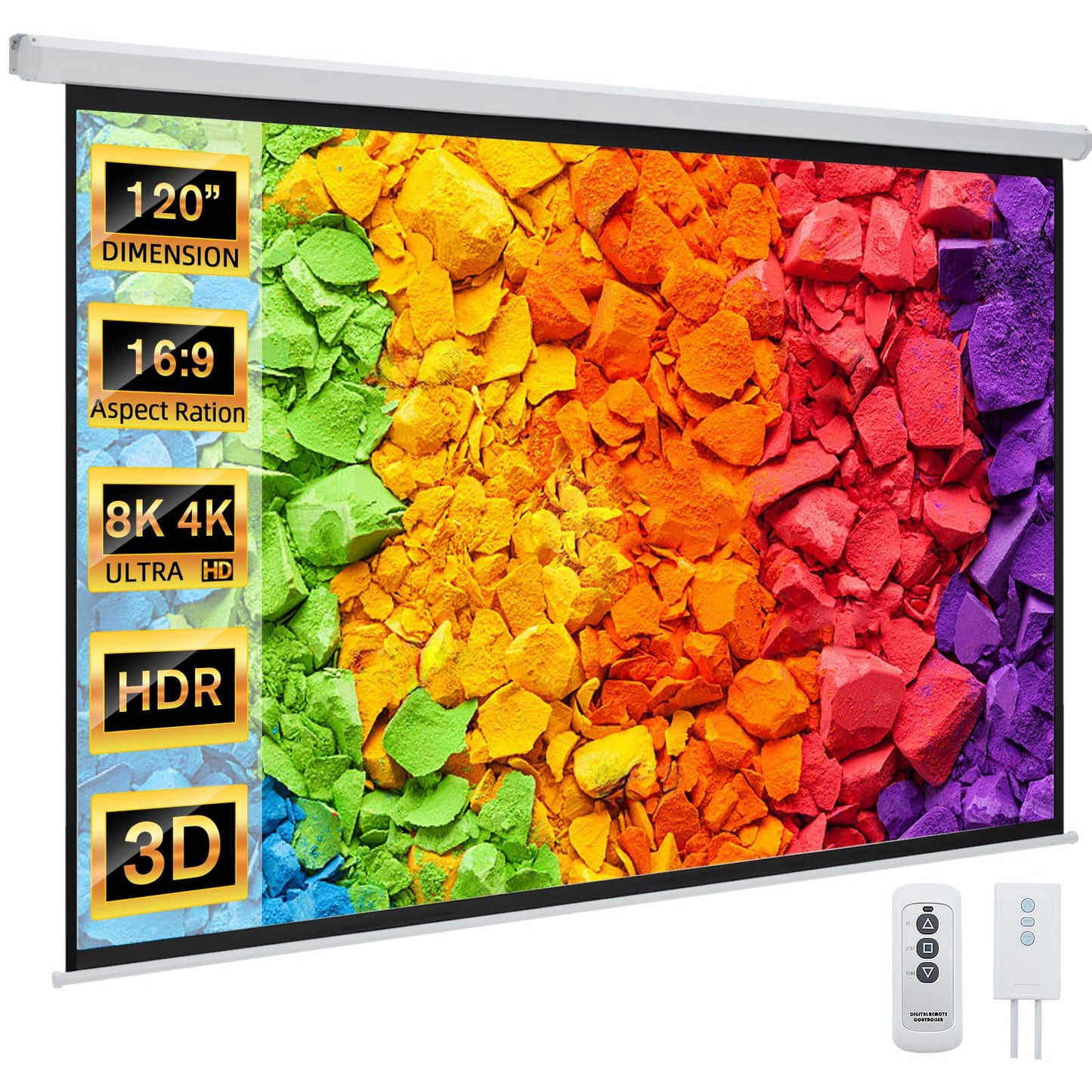 YODOLLA 120" Projector Screen Motorized 16:9, 4K HD Pull Down Retractable Projection Screens Electric Automatic Wall Ceiling Movie Screen for Office Classroom Indoor with Remotes