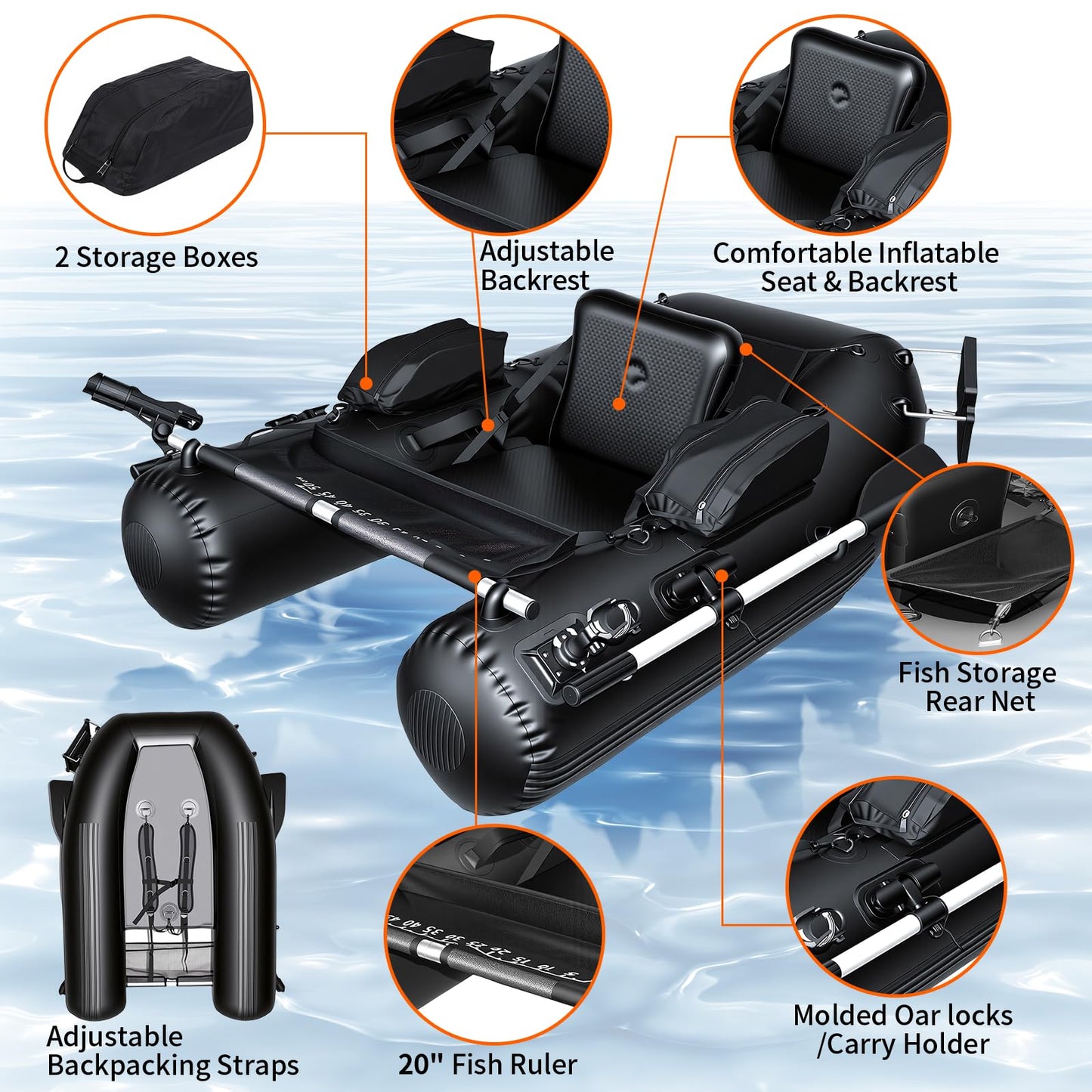 Xproutdoor Fishing Float Tube, Belly Boat Fishing with Pump, Fish Ruler, Adjustable Straps, Storage Pockets, 2 Oars, 2 Rod Holders, Motor Bracket Inflatable Float Tube for 330 LBS Load Capacity