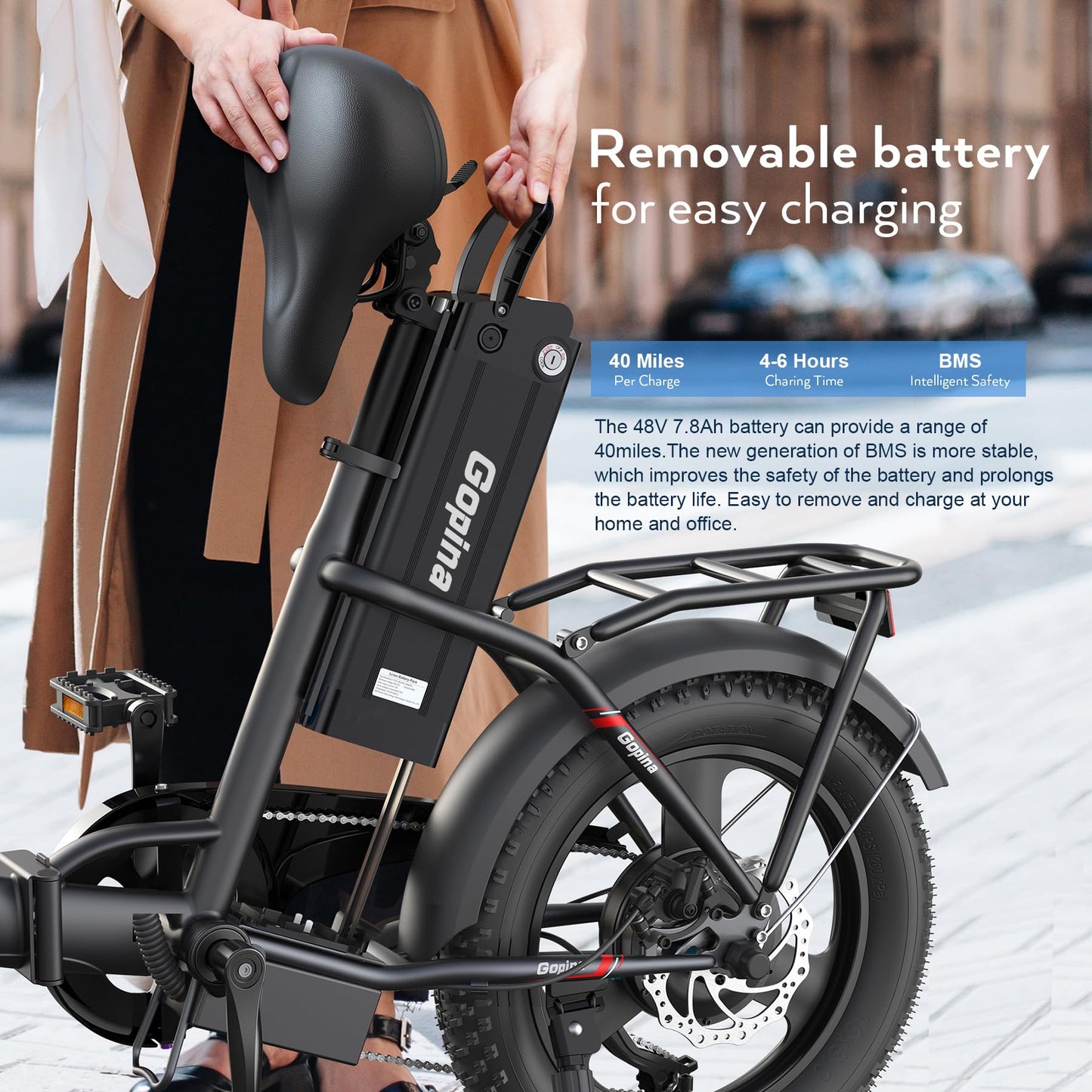 Vivi Gopina Electric Bike, 16" x 3.0 Fat Tire Electric Bike, Peak 500W Step Thru Electric Bicycle, 48V Removable Battery, Up to 40 Miles, LCD Display, 19.8mph, 7 Speed, SGS Certified to UL2849