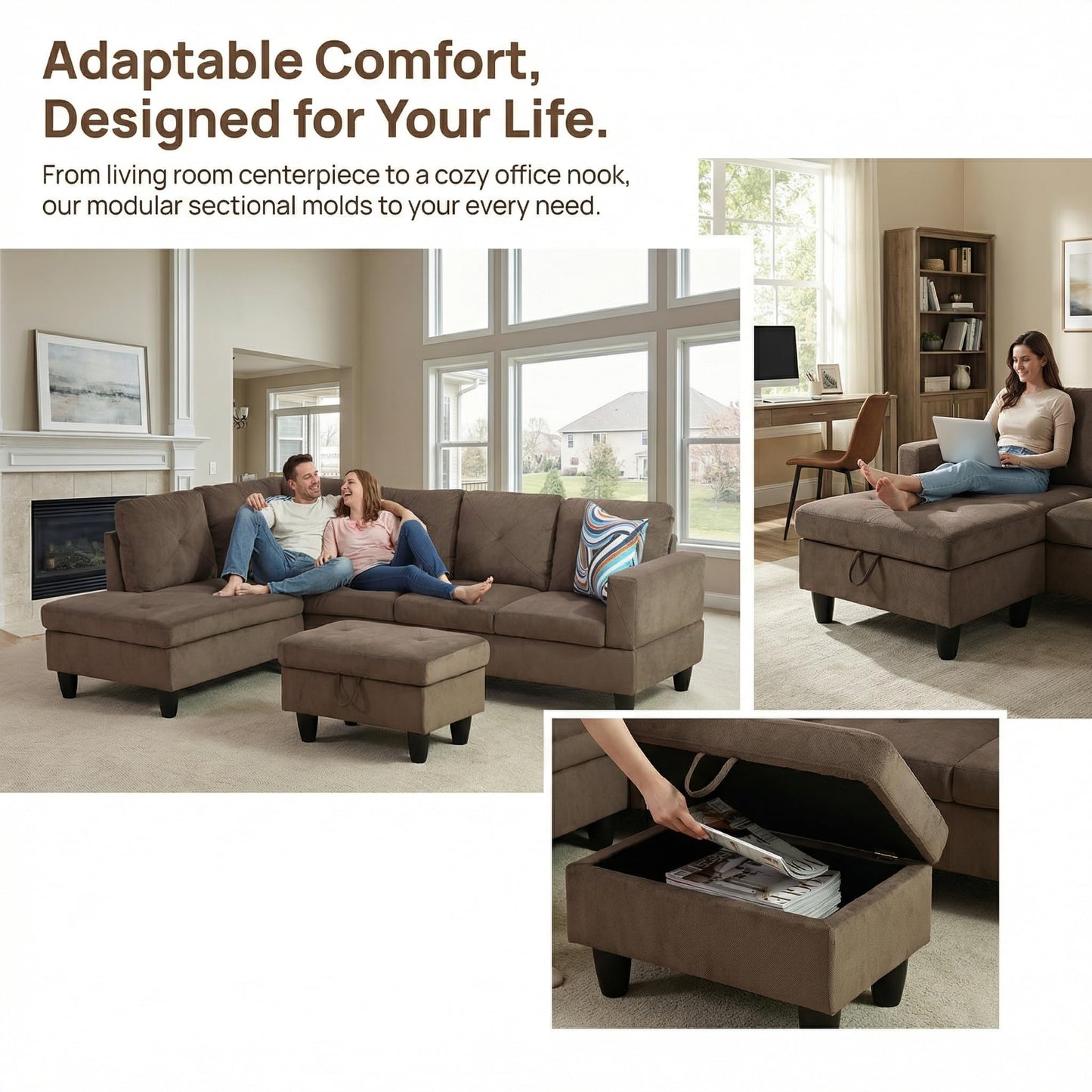 NicBex Sectional Couch 3 Pieces Sofa Set, L-Shaped Modular Couches for Living Room, Furniture Sets with Lounge Chaise & Storage Ottoman, Multi-Scene Use for Apartment & Office, Brown