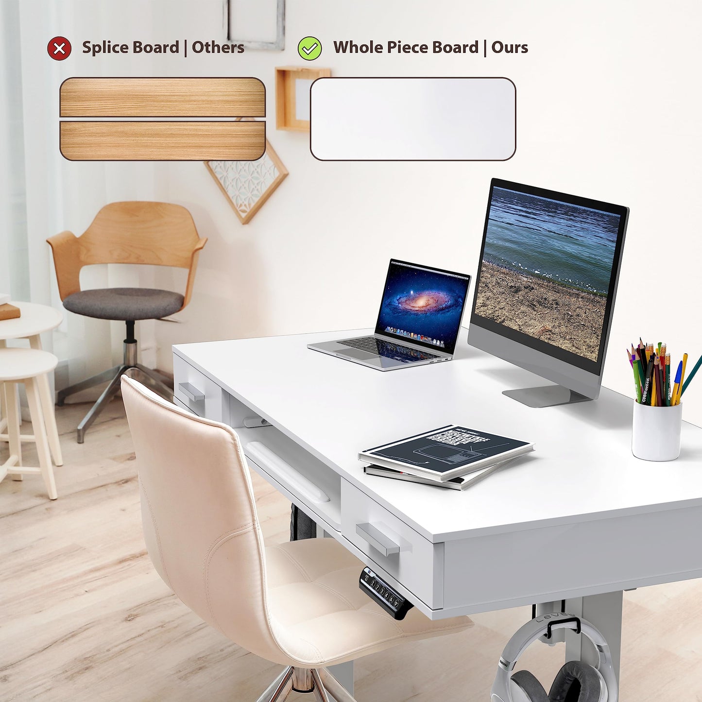 SHW 48-Inch Electric Height Adjustable Desk with Keyboard Tray and 2 Drawers, White