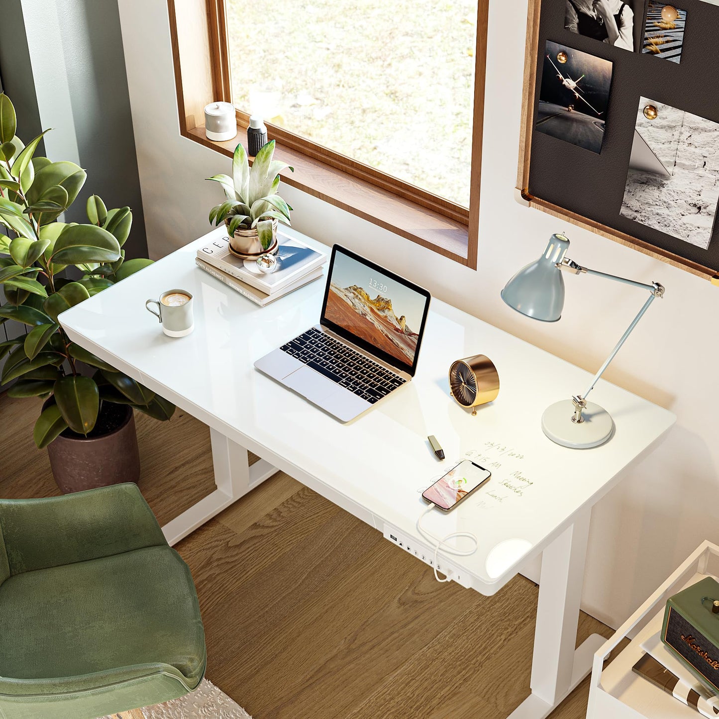 BANTI Electric Standing Desk with Drawers, 48 inch Whole-Piece Glass Desktop, Height Adjustable Stand up Sit Stand Home Office Ergonomic Workstation, White Tabletop