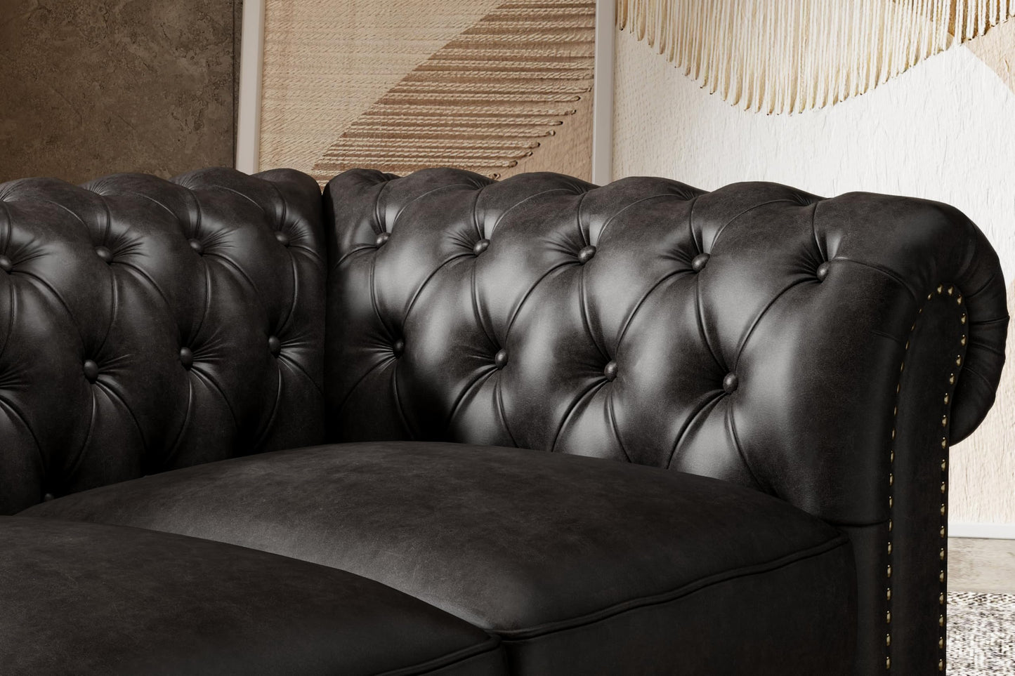 Valencia Parma Chesterfield Loveseat 64" | Premium Leather | Mid-Century Accent Chair with Classic Button Tufted Back and Wood Legs for Living Room, Black
