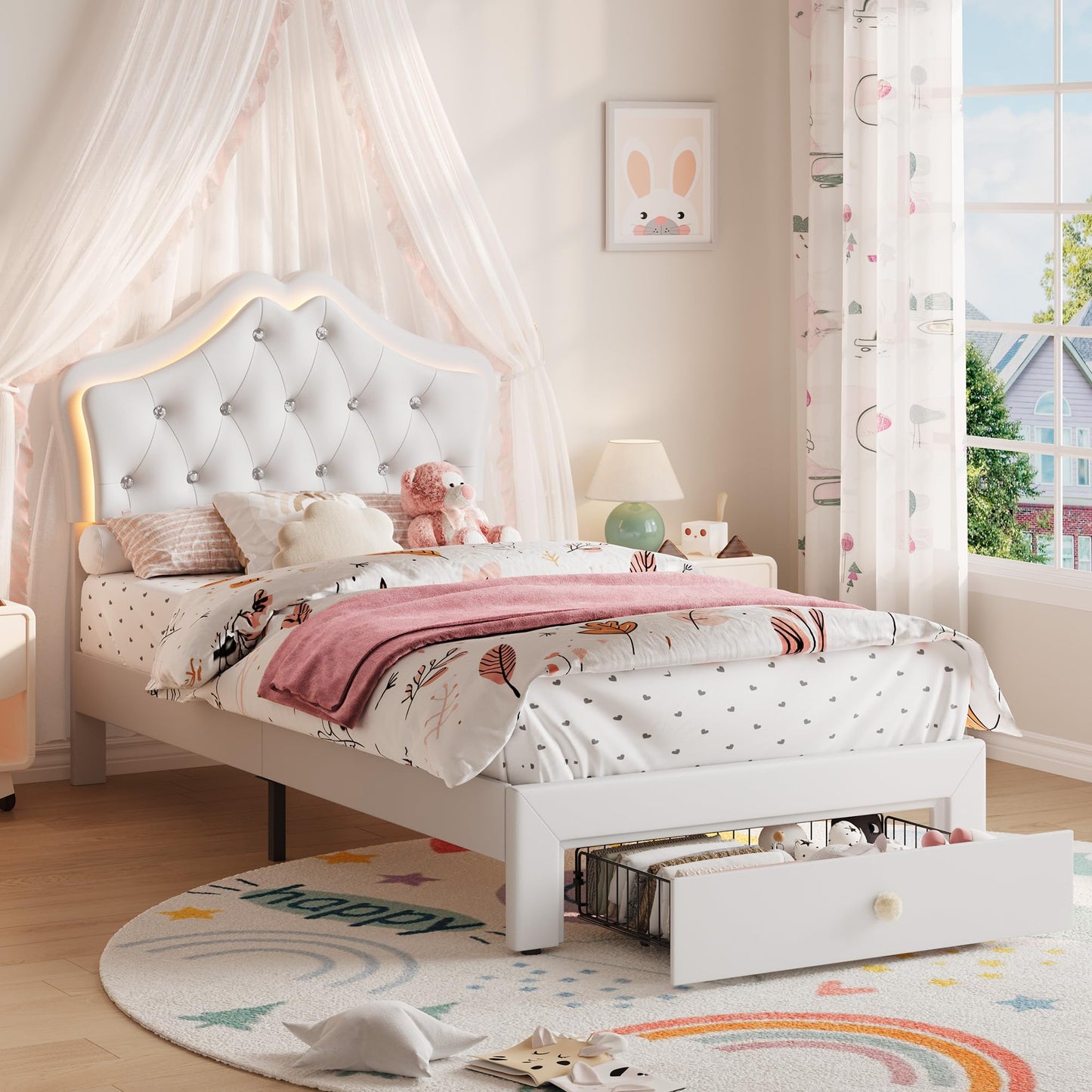 BouPower Twin Size Bed Frame for Girls with Storage Drawers & LED Lights, Upholstered Platform Bed, Velvet Crystal Button Princess Bed, Noise-Free Slats, No Box Spring Needed for Kids, Teens, White