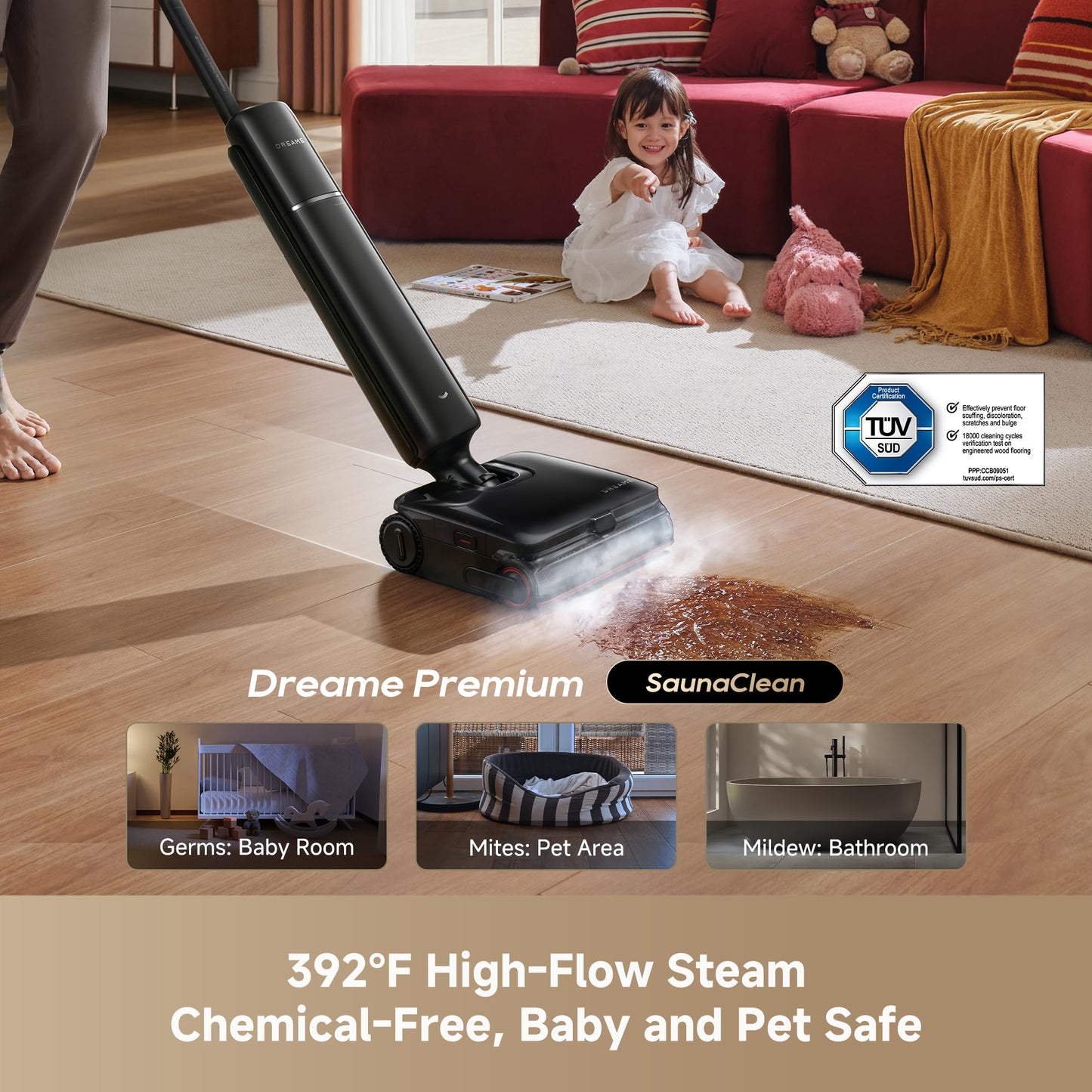 DREAME Aero Pro Steam Wet Dry Vacuum Mop, 392℉ Steam Cleaning, 28kPa Suction, 3.88in Ultra-Slim Vacuum Mop Combo, 0 Hair Tangle for Pet Owner, Heated Brush Wash, Hot Air Drying, Up to 70min Runtime