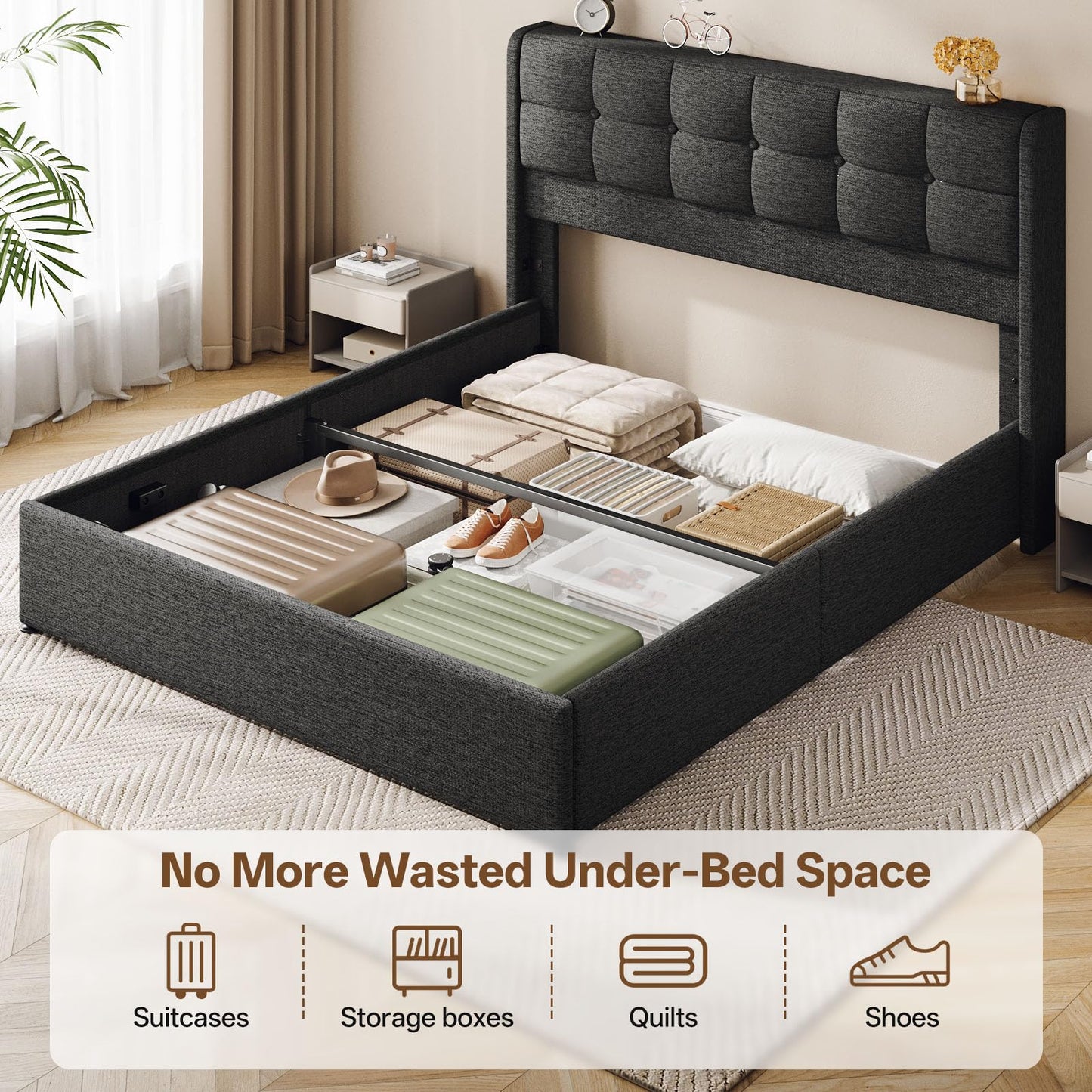 Vinabilia Lift Up Queen Size Bed Frame with Storage, Upholstered Queen Bed Frame with Wingback Headboard, No Box Spring Needed, Easy Assembly - Dark Grey