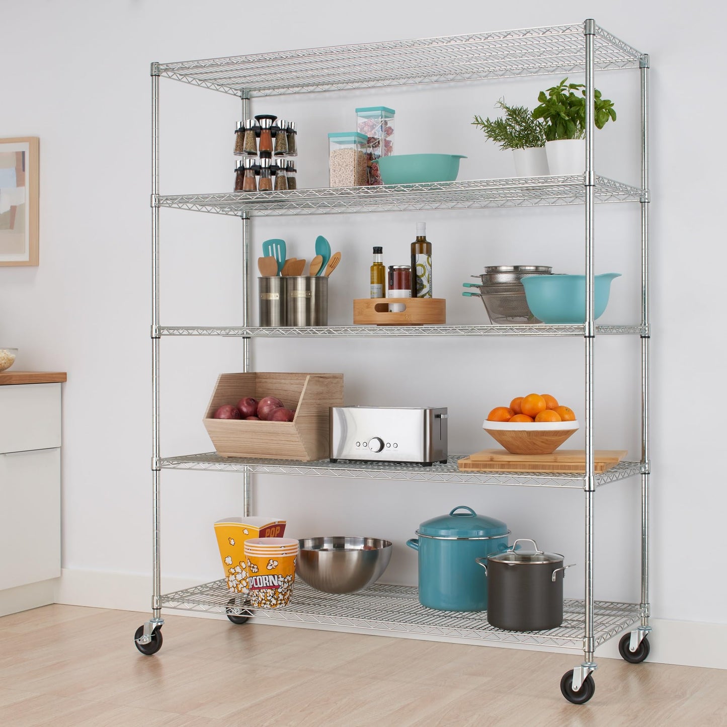 Trinity Basics TBFC-0931 5-Tier Adjustable Wire Shelving with Wheels for Kitchen Organization, Garage Storage, Laundry Room, NSF Certified, 600 to 2250 Pound Capacity, 60” by 24” by 77”, Chrome
