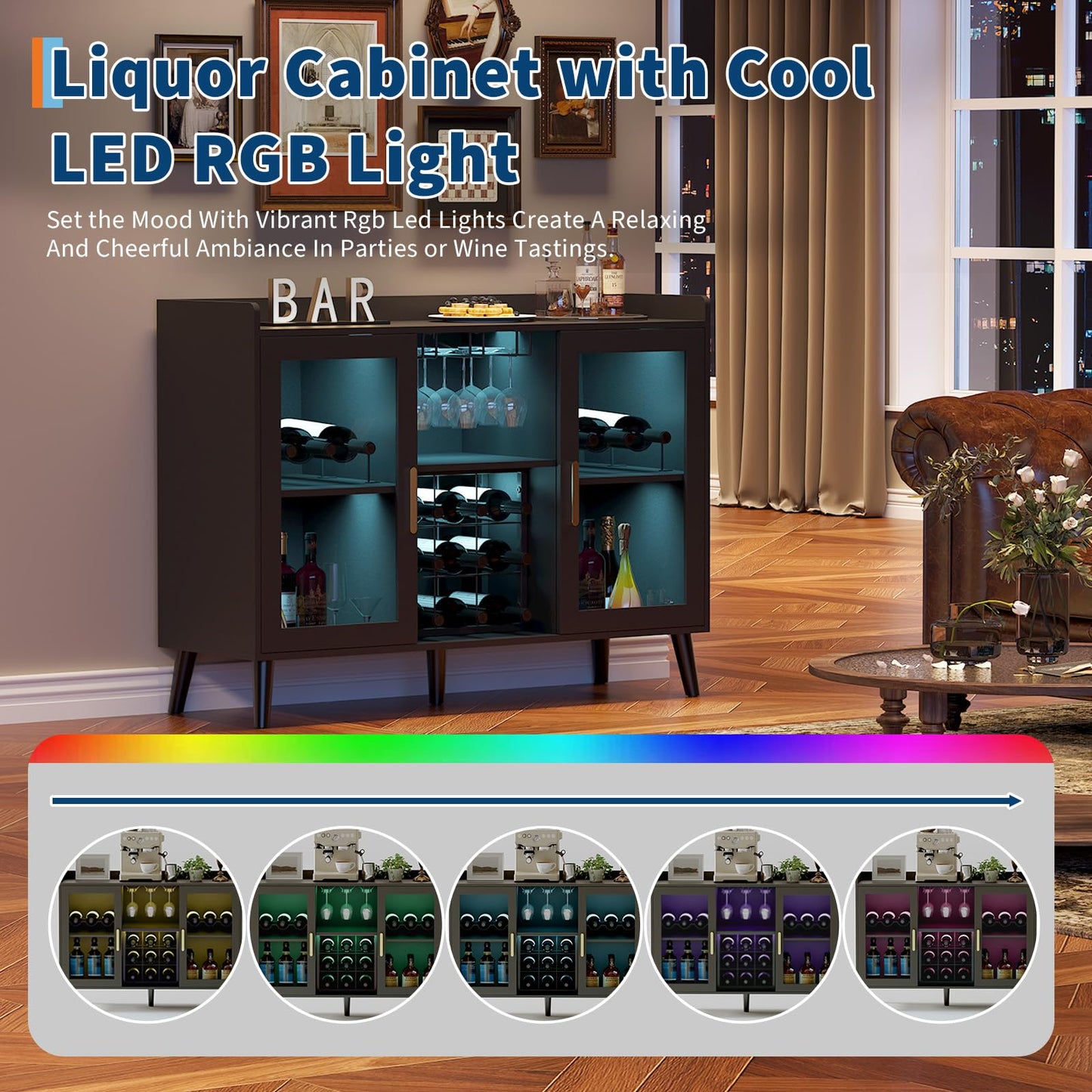 Patikuin Modern Wine Bar Cabinet with Adjustable LED Lighting, Glass Doors, Wine Rack & Glass Holder – Multi-Functional Freestanding Liquor Sideboard for Dining Room, Kitchen, Living Room – Color: