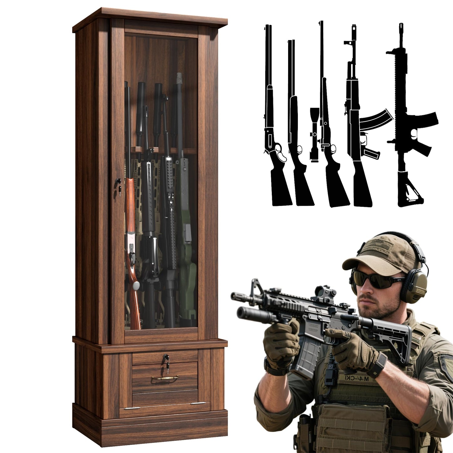 kepptory Gun Safe for 10 Long Rifles and Pistols, Gun Cabinet for Rifle with Mechanical Lock, Espresso Wood Gun Cabinet for Bedroom, Living Room, Easy Assembly