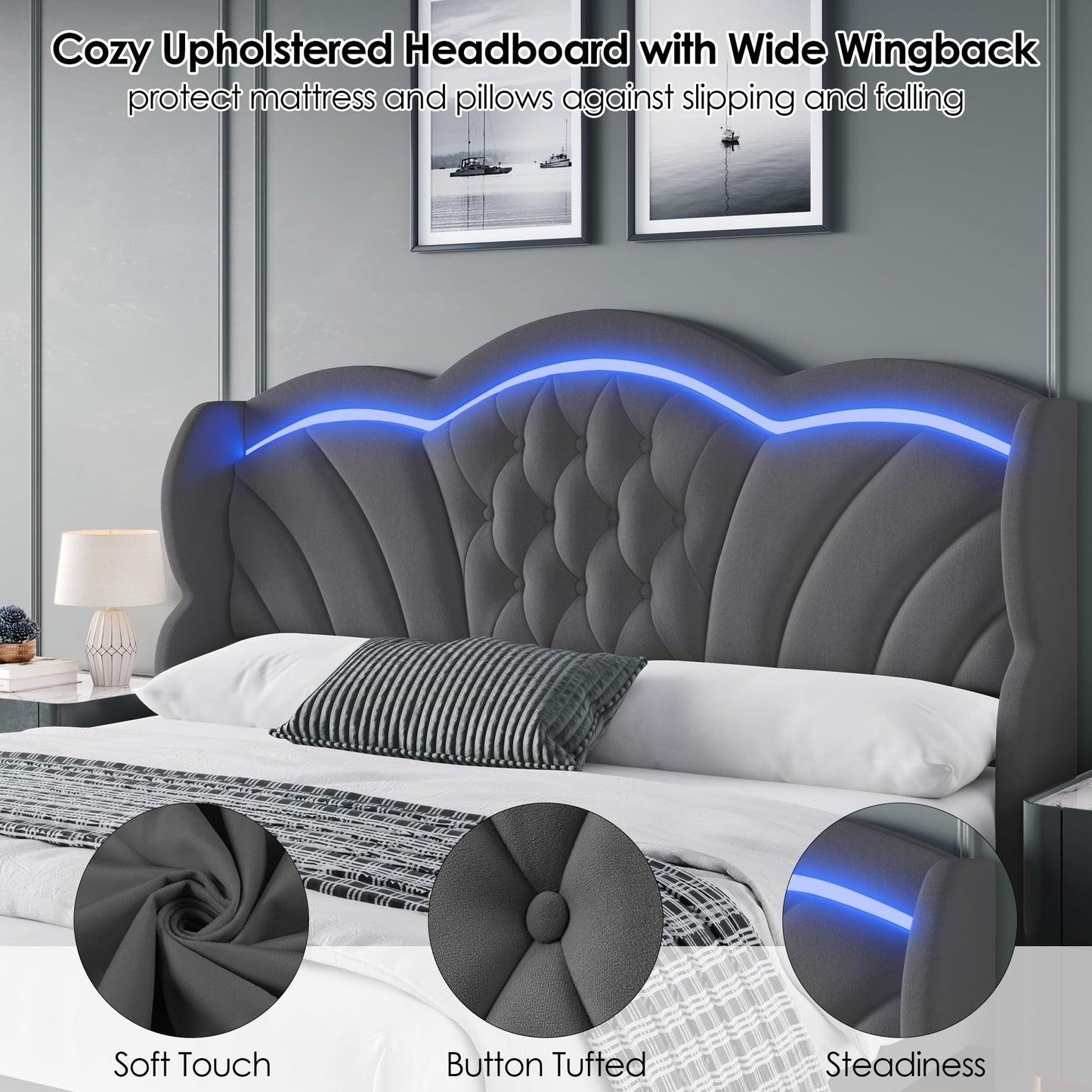 Keyluv Queen Bed Frame with LED Lights and 2 Storage Drawers, Velvet Upholstered Platform with 47" Tall Arc-Shaped Wingback Headboard and Button Tufted Design, No Box Spring Needed, Noise-Free, Gray