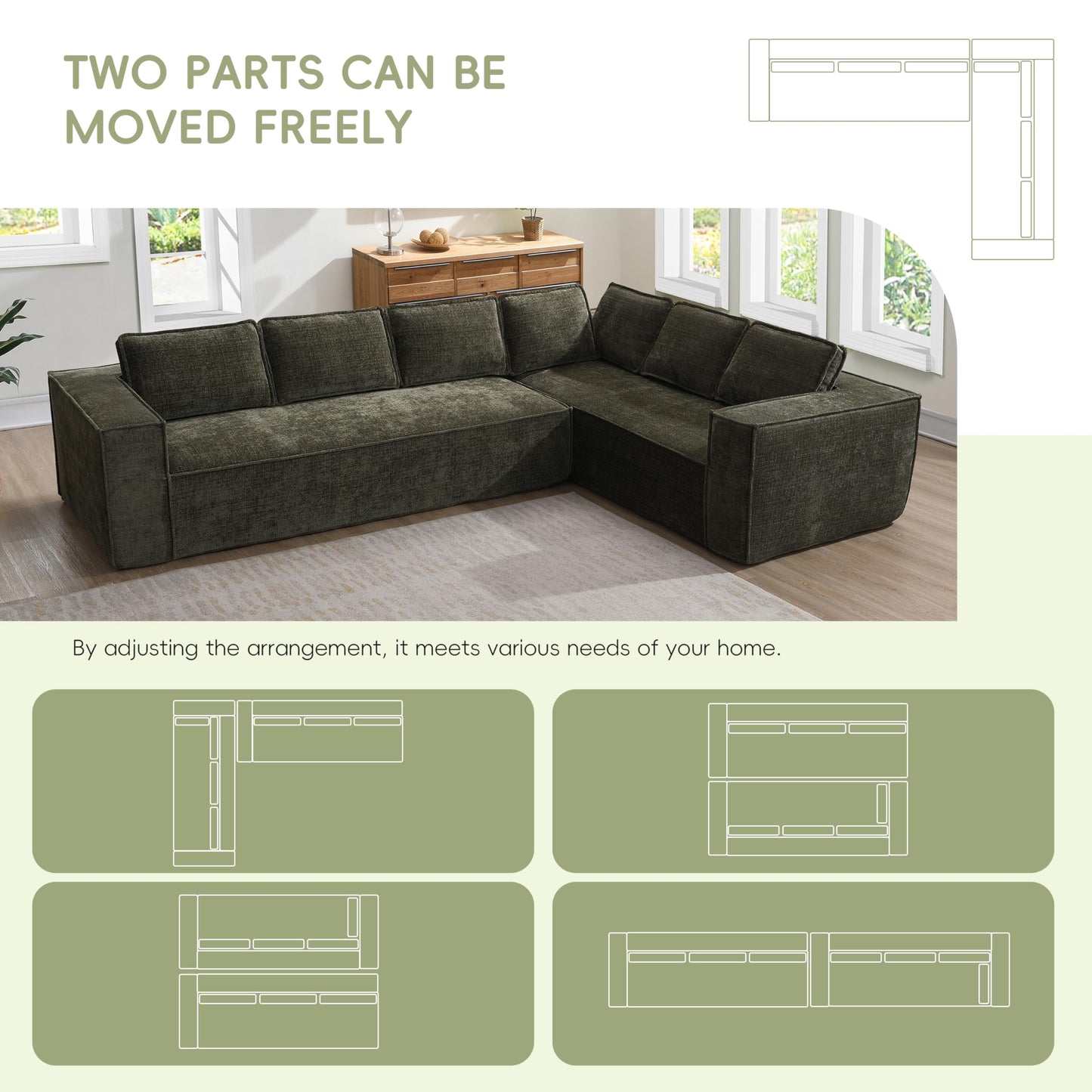 Merax Modern 129.5" L-Shaped Convertible Sectional Sofa with Cushions, Floor Modular 6-Seat Couch Set with Chaise for Living Room, No Assembly Requiered, Wrinkle-Resistant, Green