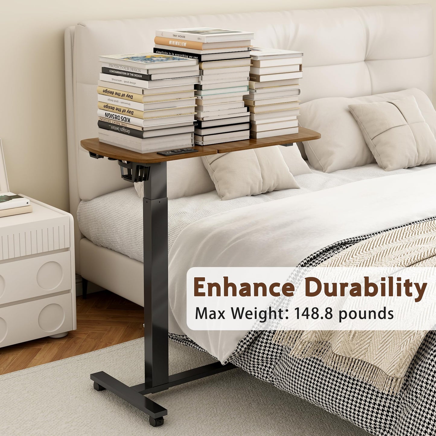 6 In 1 Overbed Table, 32'' Long Hospital Bed Table, Bedside Table (Walnut)