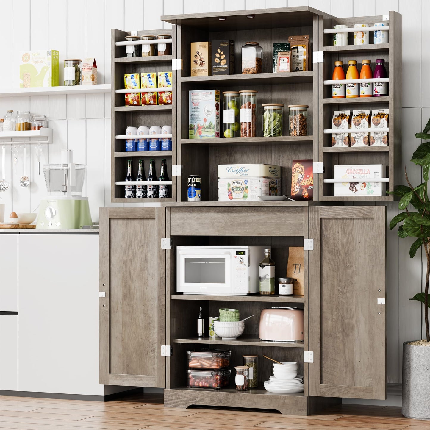 Vongrasig Kitchen Pantry Storage Cabinet with Barn Doors, Drawer and Adjustable Shelves, 6-Tier Tall Rustic Wood Cupboard Locker for Kitchen, Dining Room, Living Room, Bathroom, Rustic Grey