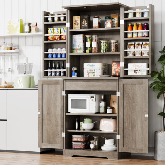 Vongrasig Kitchen Pantry Storage Cabinet with Barn Doors, Drawer and Adjustable Shelves, 6-Tier Tall Rustic Wood Cupboard Locker for Kitchen, Dining Room, Living Room, Bathroom, Rustic Grey