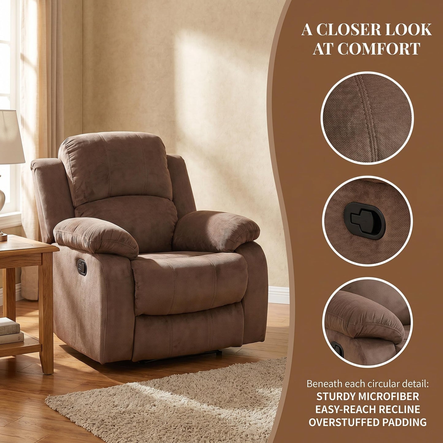 Trygoal Manual Recliner Chair, Nursery Rocking Chair, Velvet Recliner Chair for Adults, Lazy Boy, Gaming Recliner wih Overstuffed Arms, Suitable for Home Theater, Living Room, Bedroom, Brown