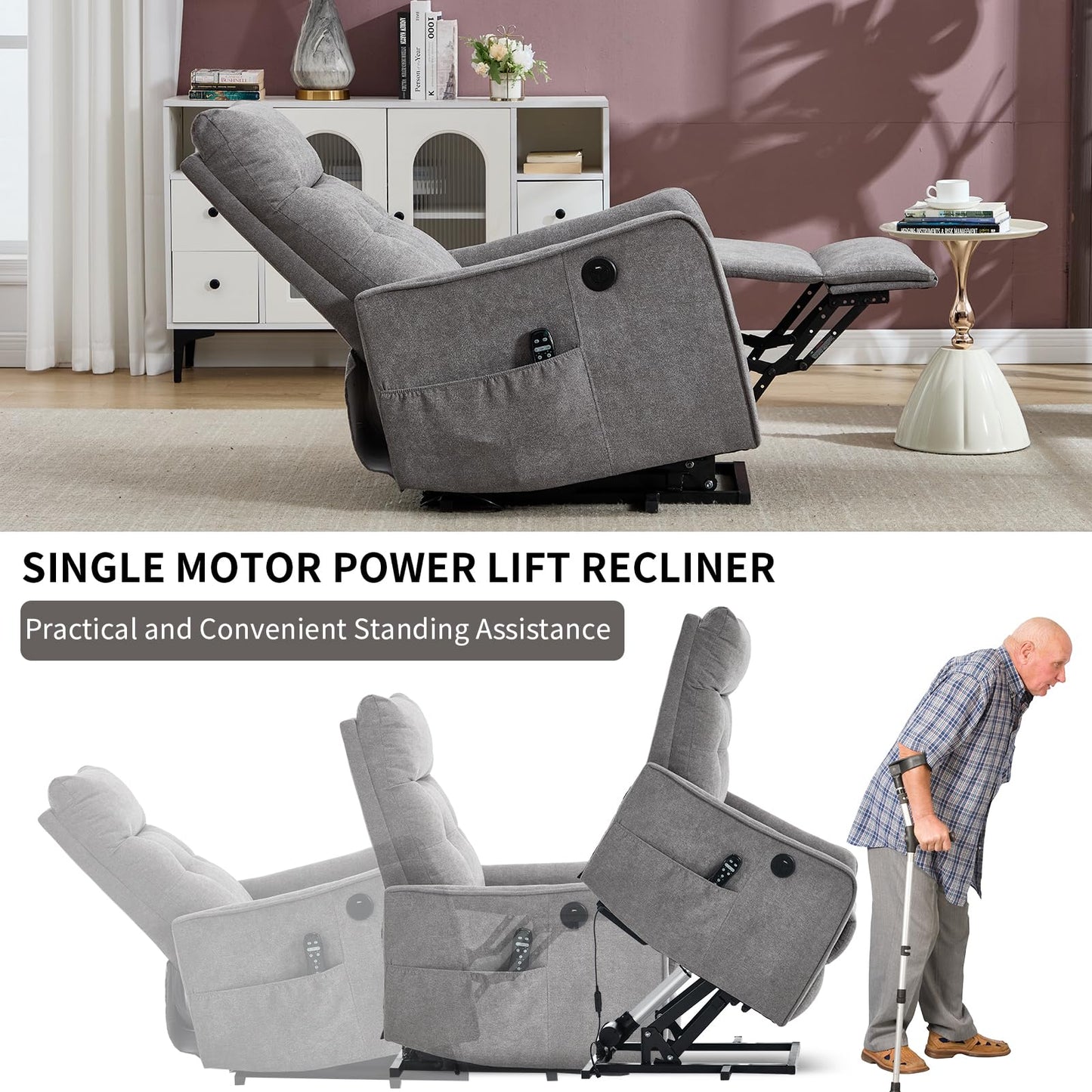 KEIKI Single Motor Power Lift Recliner Chair with Massage and Heat for Home Theater, Soft Fabric Finish with USB Charging Port and Motion Mechanism for Elderly